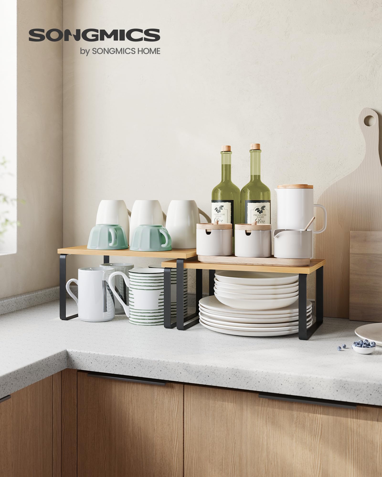 Cabinet Organizer Shelf Set (2-Pack) – Stackable & Expandable Kitchen Counter Shelves with Metal Frame
