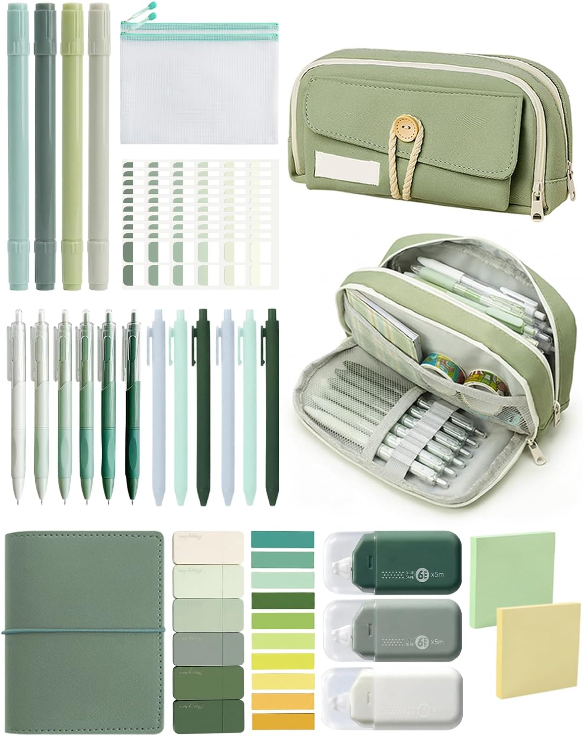 Green 42-Piece Stationery Set with 4-Compartment Case