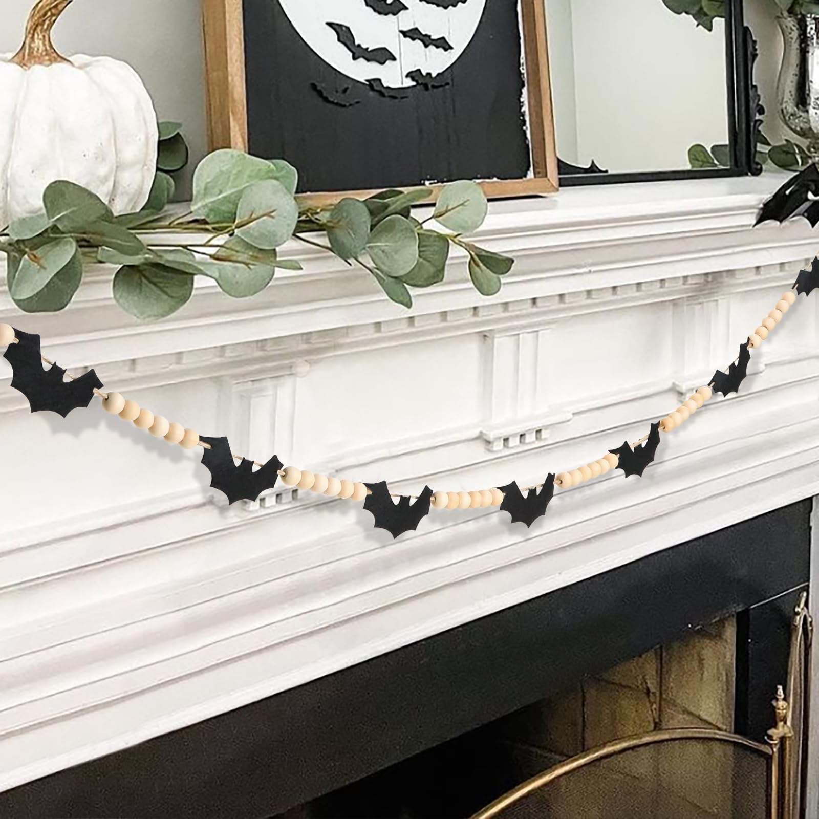 Black Felt Bat & Wood Bead Garland 🎃 – 5ft Rustic Halloween Mantel Banner for Spooky Home Décor