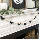 Black Felt Bat & Wood Bead Garland 🎃 – 5ft Rustic Halloween Mantel Banner for Spooky Home Décor