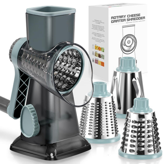Rotary Cheese Grater with Handle – 3 Interchangeable Blades, Safe & Hands-Free Shredder