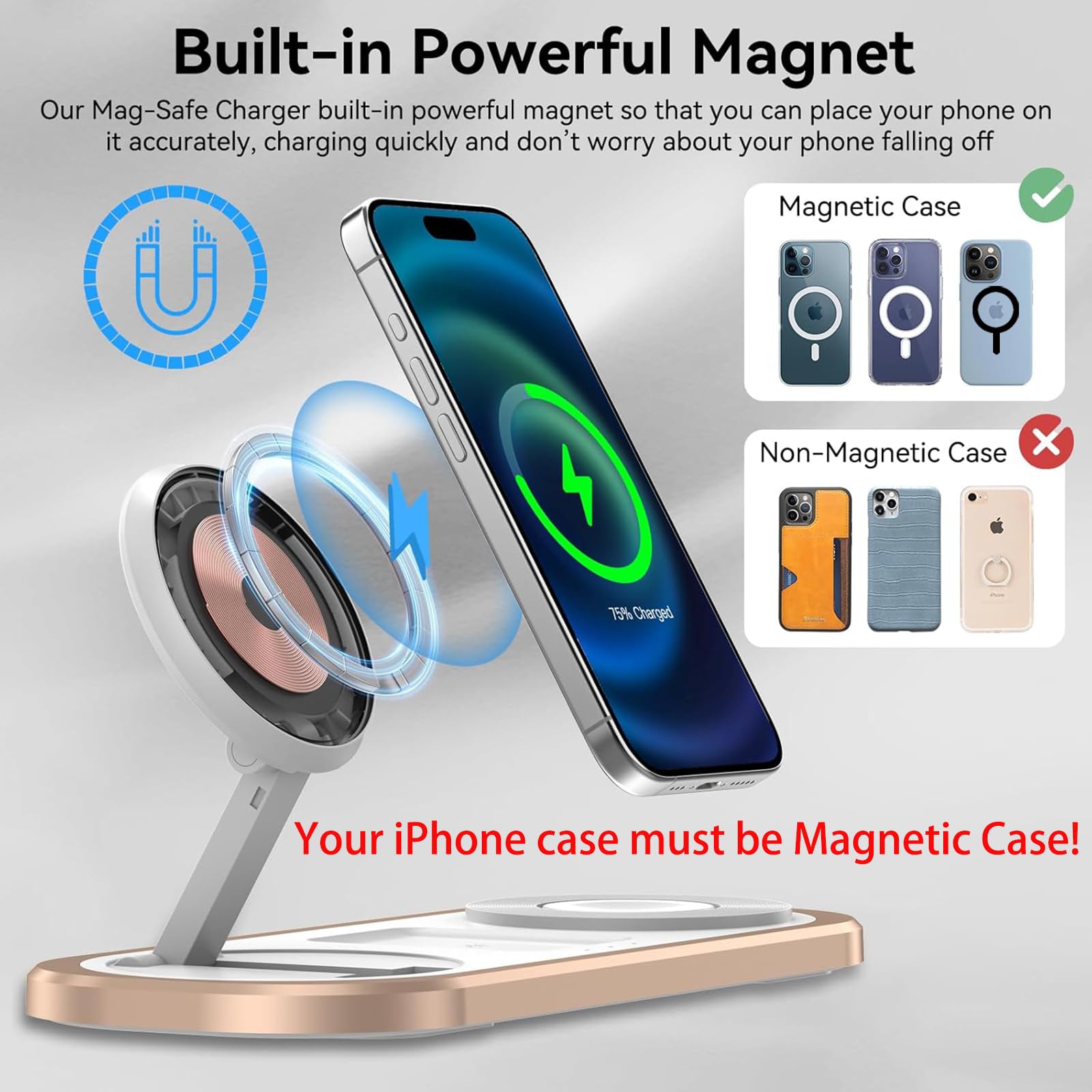 3-in-1 Foldable MagSafe Wireless Charger Stand for iPhone, Apple Watch & AirPods (Golden)