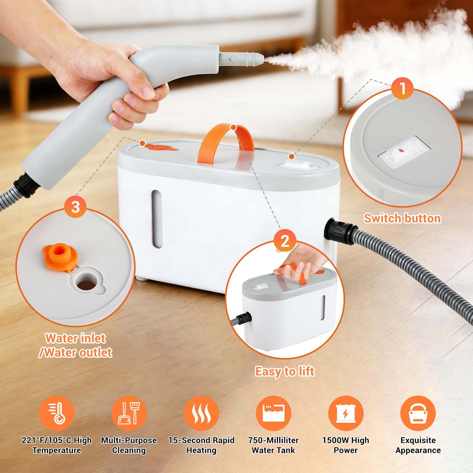 Portable Handheld Steam Cleaner 1500W High Pressure Multi-Surface Cleaning System with 9 Accessories