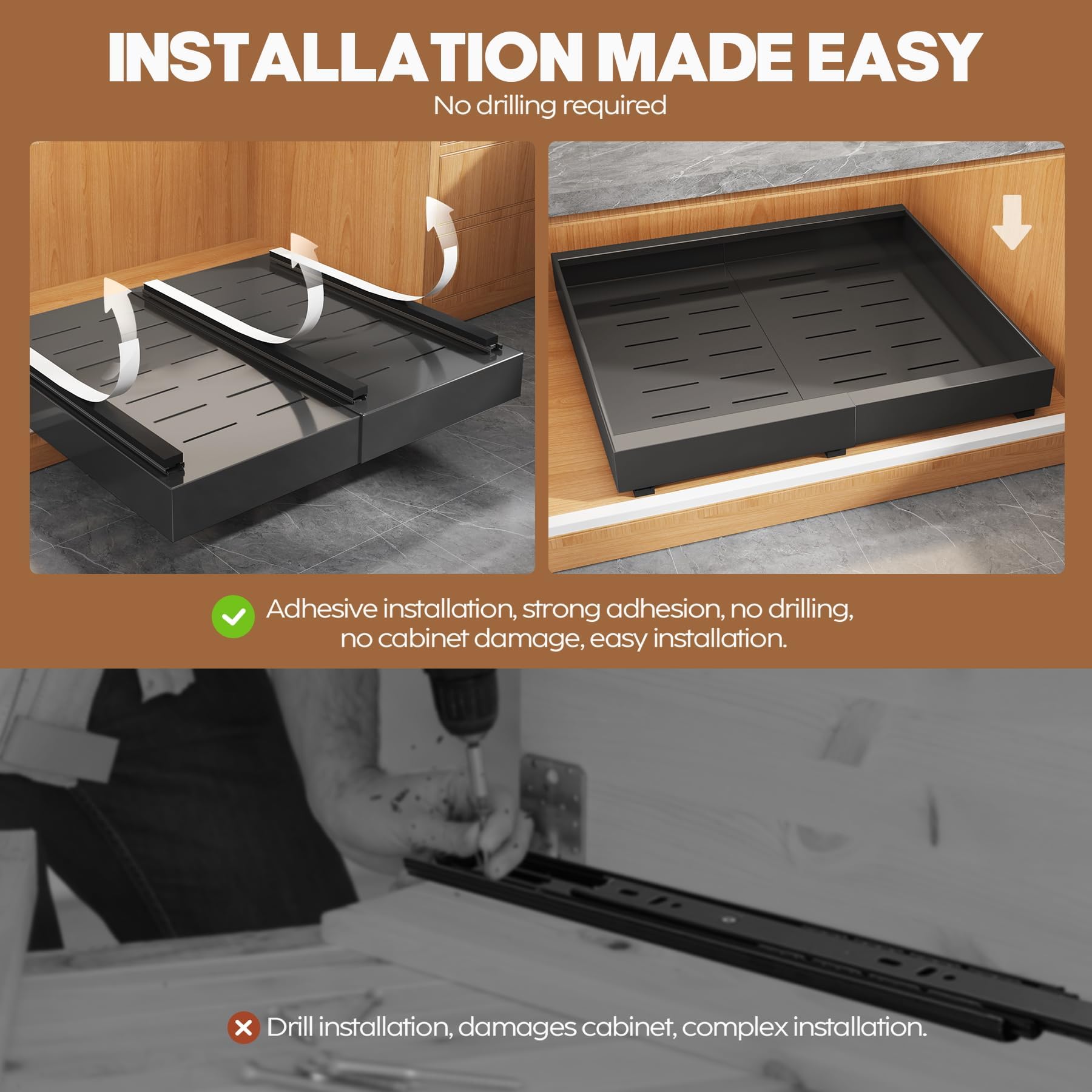 Extra-Wide Expandable Pull-Out Cabinet Organizer – 21” Deep 3-Rail Slide-Out Drawer (Black, 2-Pack)
