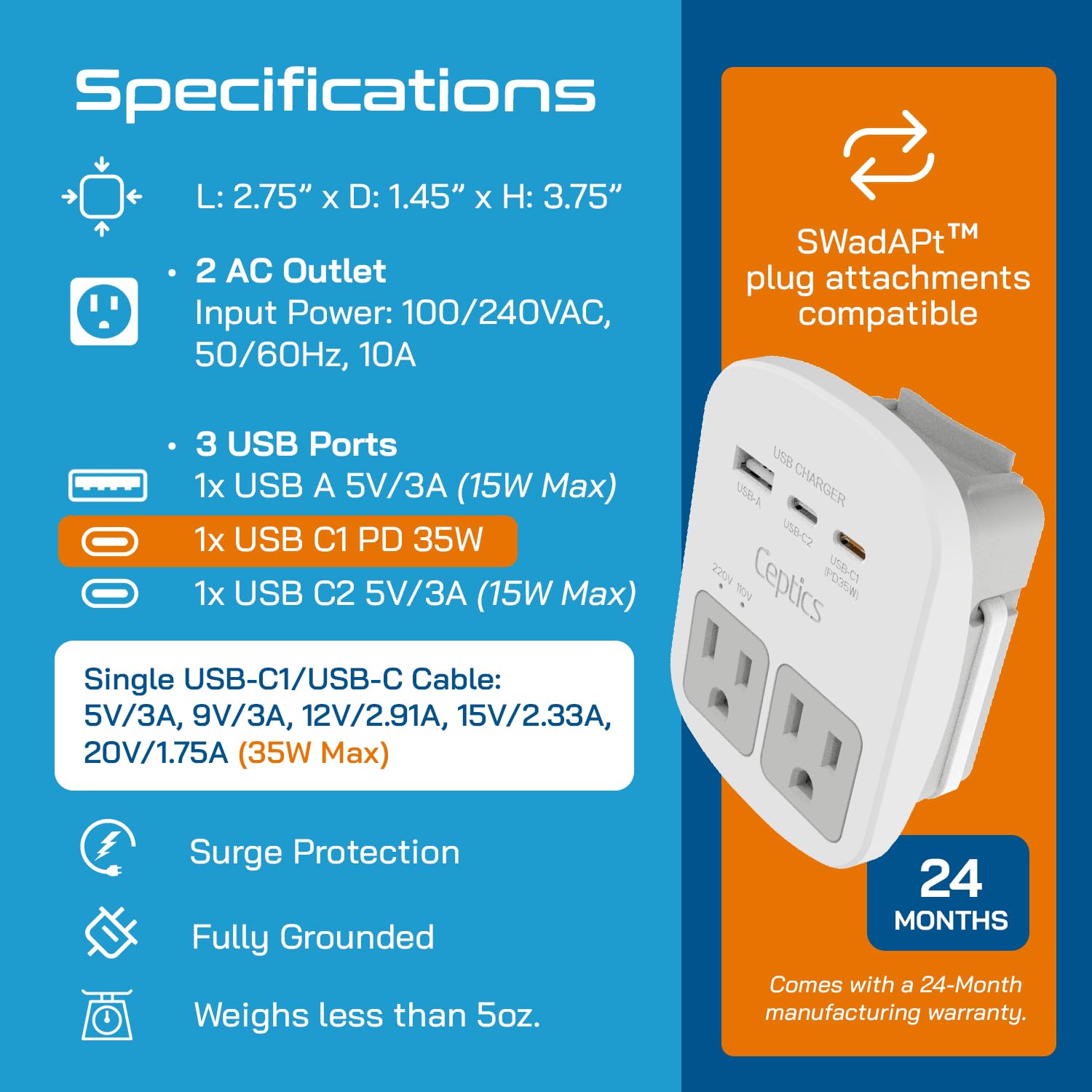 Worldwide Travel Power Adapter with USB-C PD 35W – International Plug Adapter with Dual US Outlets & Surge Protection