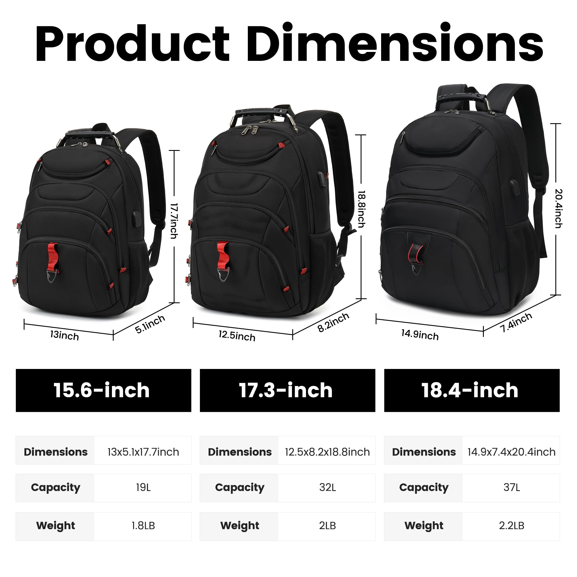 BOAVAN 15.6” Waterproof Laptop Backpack for Work & Travel with USB Port, RFID Pocket – Black