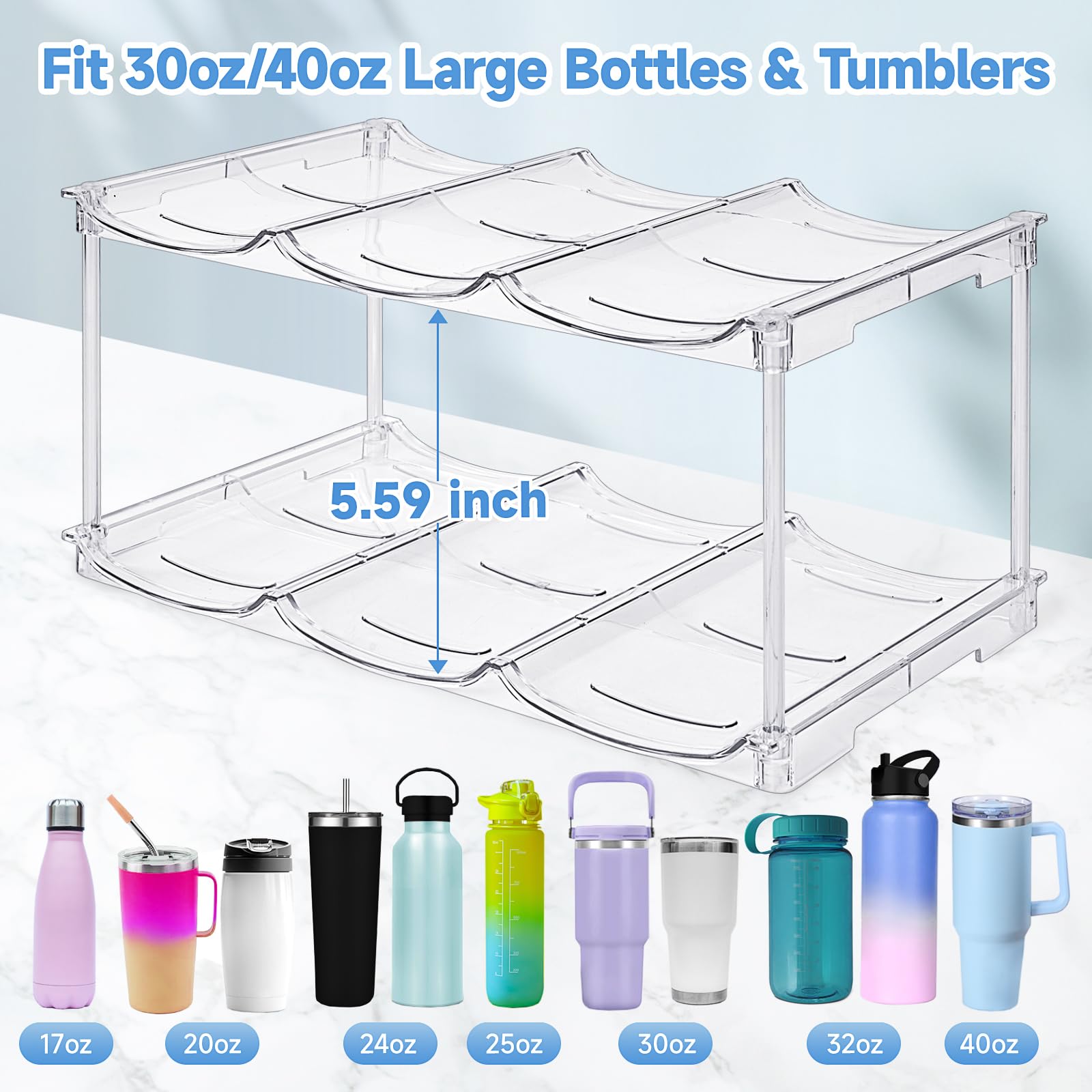 Stackable Water Bottle Organizer (3-Pack) – Clear Storage Rack for 40 oz Tumblers, Cabinets & Pantries