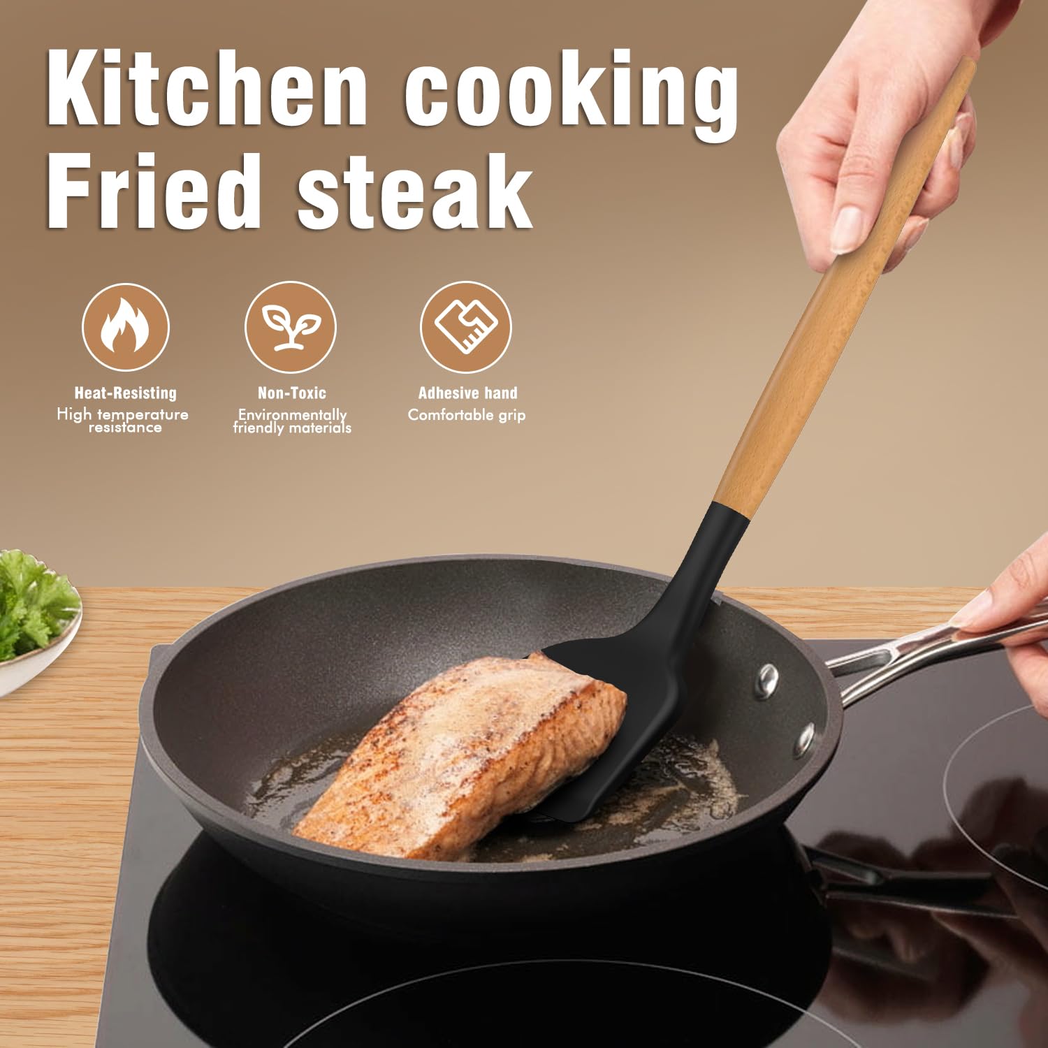 16-Piece Silicone Cooking Utensil Set with Wooden Handles & Holder – Black