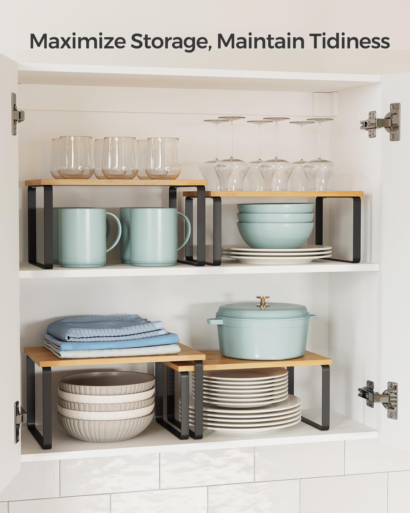 Cabinet Organizer Shelf Set (2-Pack) – Stackable & Expandable Kitchen Counter Shelves with Metal Frame
