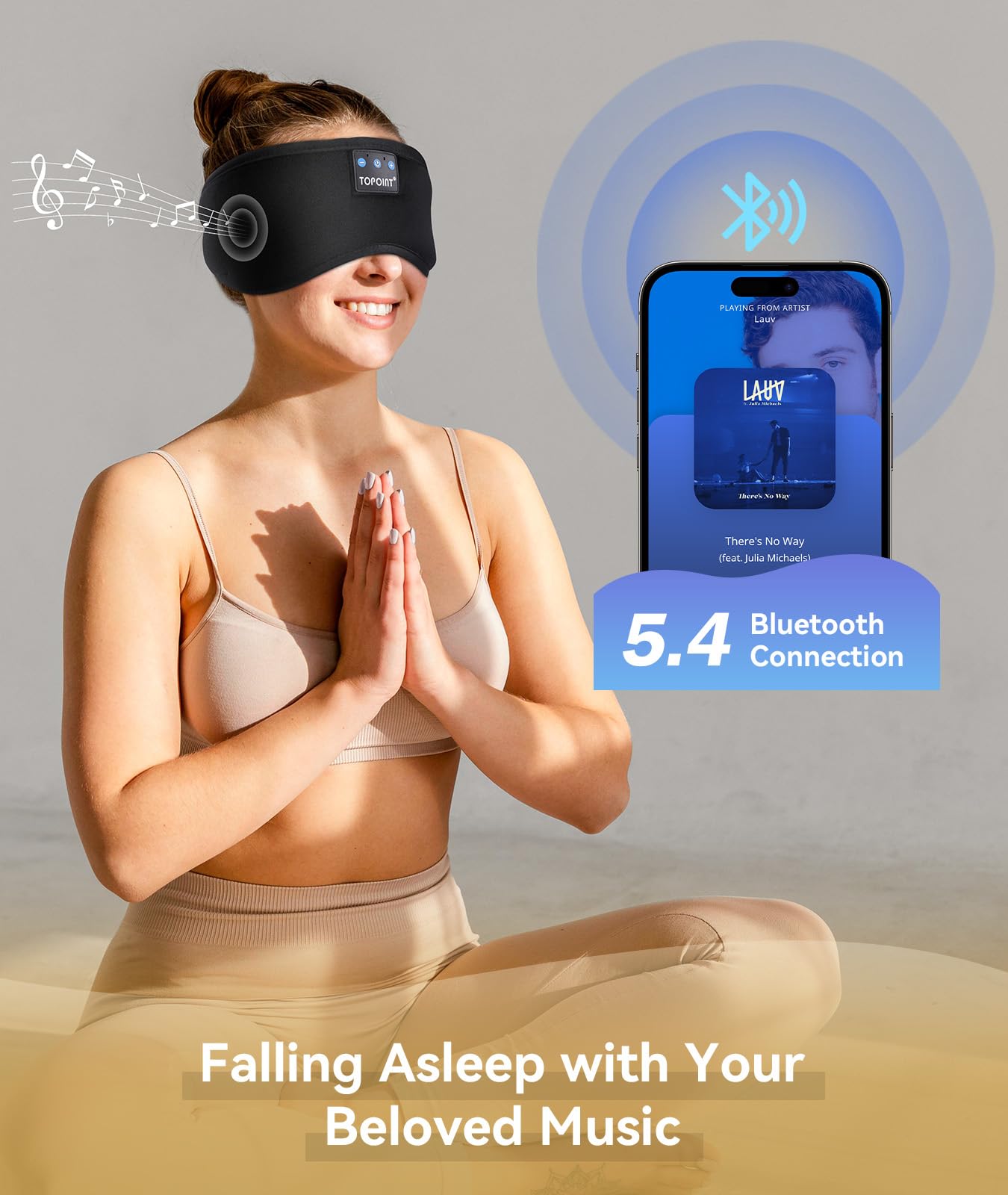 Bluetooth Sleep Mask Headphones with Light Blocking Design & 15H Battery – Soft Cotton Night Eye Mask Black