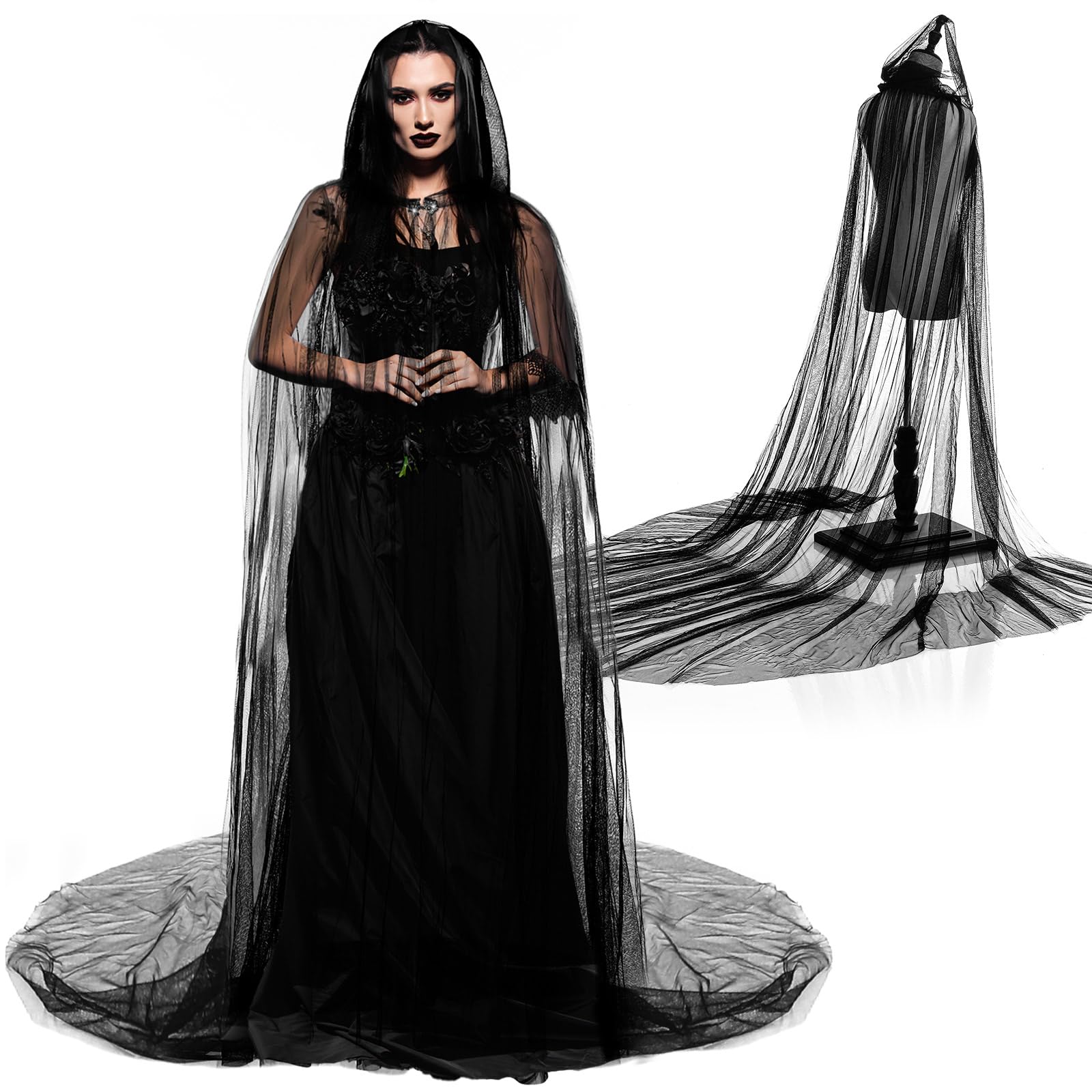 Women’s Long Black Hooded Cloak – Gothic Tulle Cape with Metal Buckle for Halloween, Cosplay & Weddings