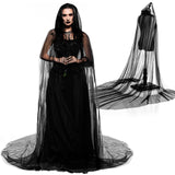 Women’s Long Black Hooded Cloak – Gothic Tulle Cape with Metal Buckle for Halloween, Cosplay & Weddings