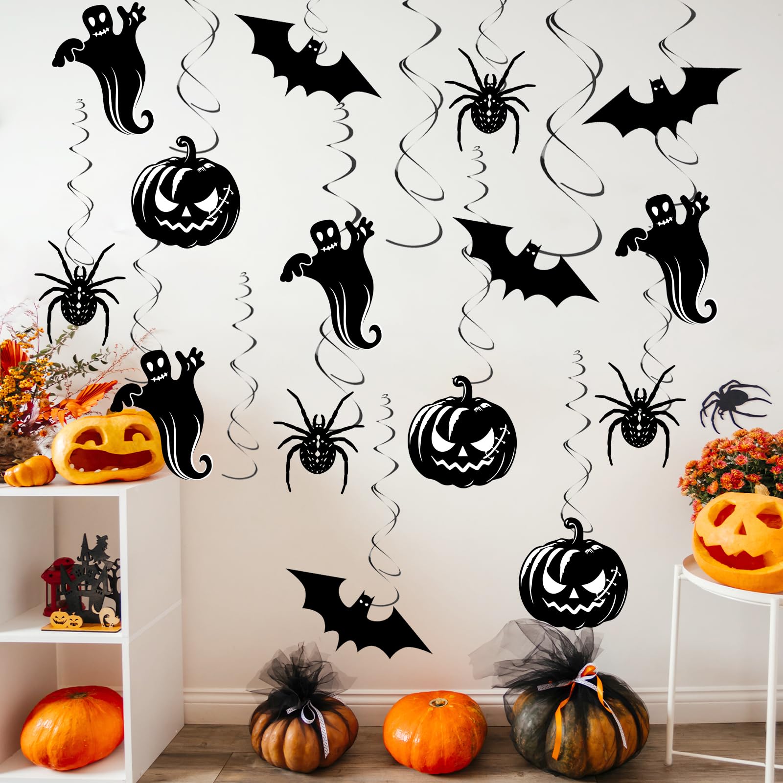 Halloween Hanging Swirl Decorations – 32-Piece Black & White Party Set with Pumpkins, Ghosts, Bats & Spiders