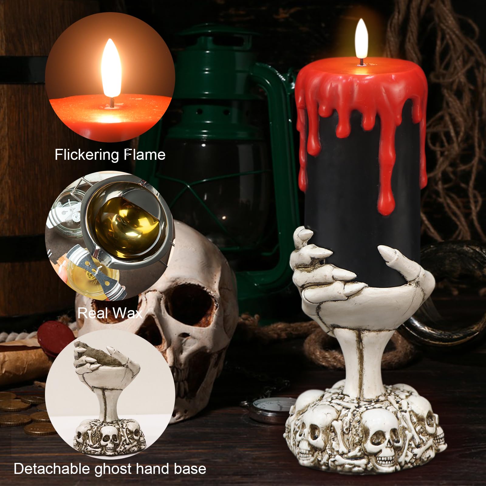 Halloween Blood Dripping Black LED Candles with Skull Hand Holder – Flameless Pillar Candles with Timer, Gothic Horror Tabletop Decoration