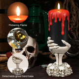 Halloween Blood Dripping Black LED Candles with Skull Hand Holder – Flameless Pillar Candles with Timer, Gothic Horror Tabletop Decoration