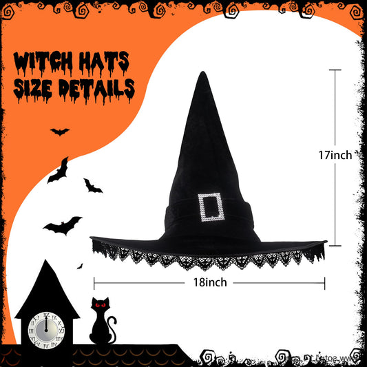 Black Lace Witch Hat with Fringe & Sparkling Buckle – Halloween Costume Accessory & Decoration