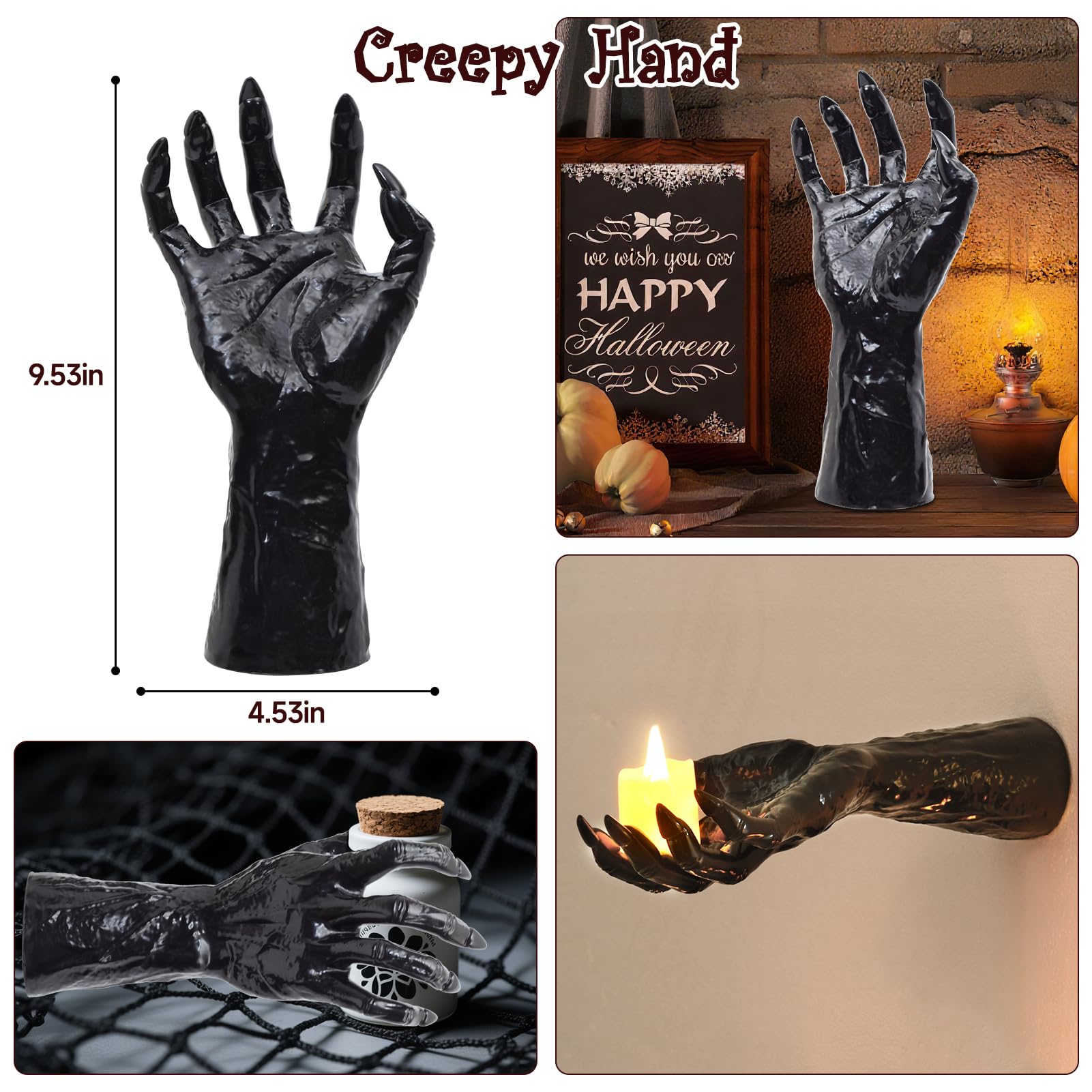 3D Creepy Wall Hands Halloween Decoration Set – Black Resin Spooky Hands with Candles & Mounting Kit, Gothic Wall Decor for Haunted Homes