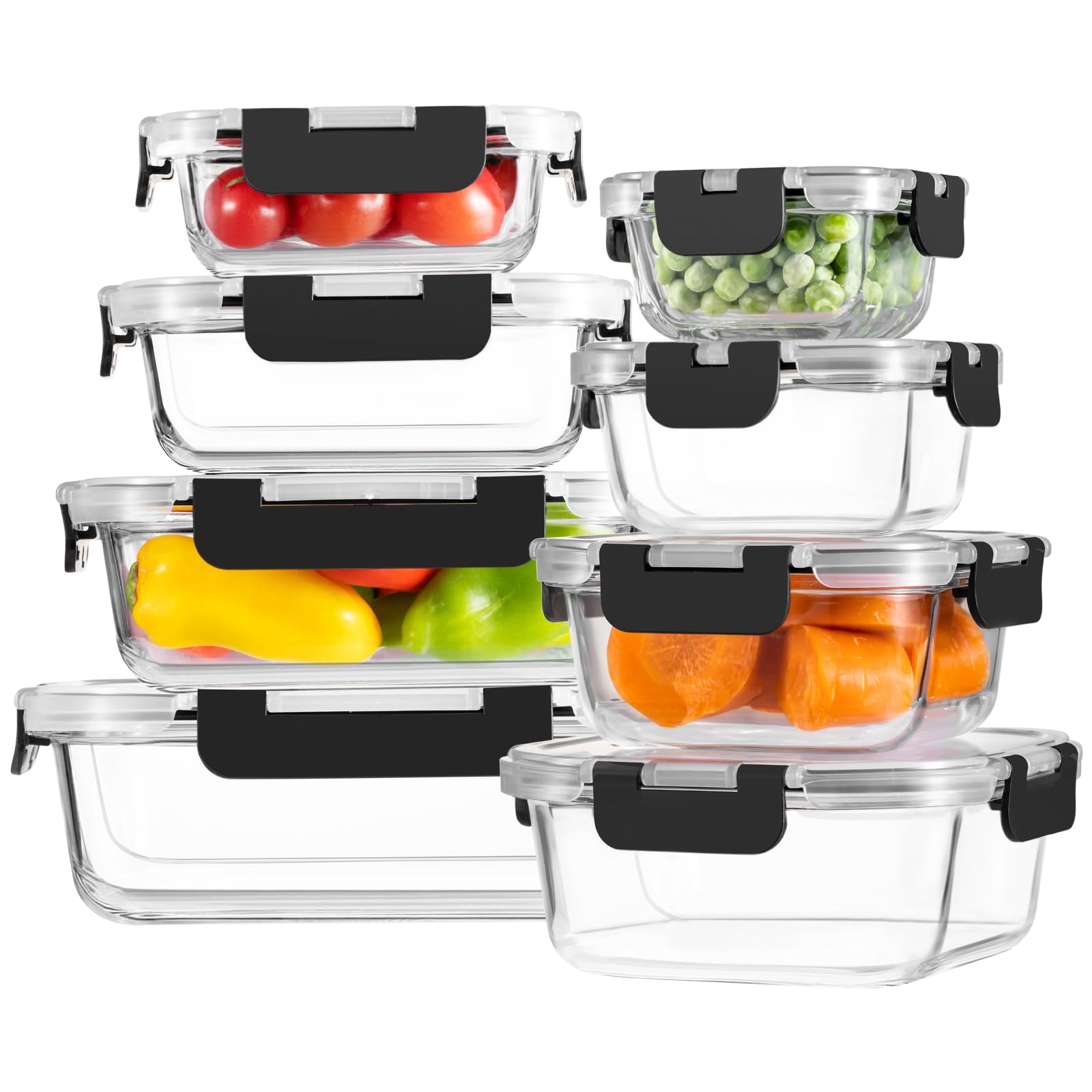 HOMBERKING Borosilicate Glass Food Storage Containers – 8 Piece Leak-Proof Set with Locking Lids
