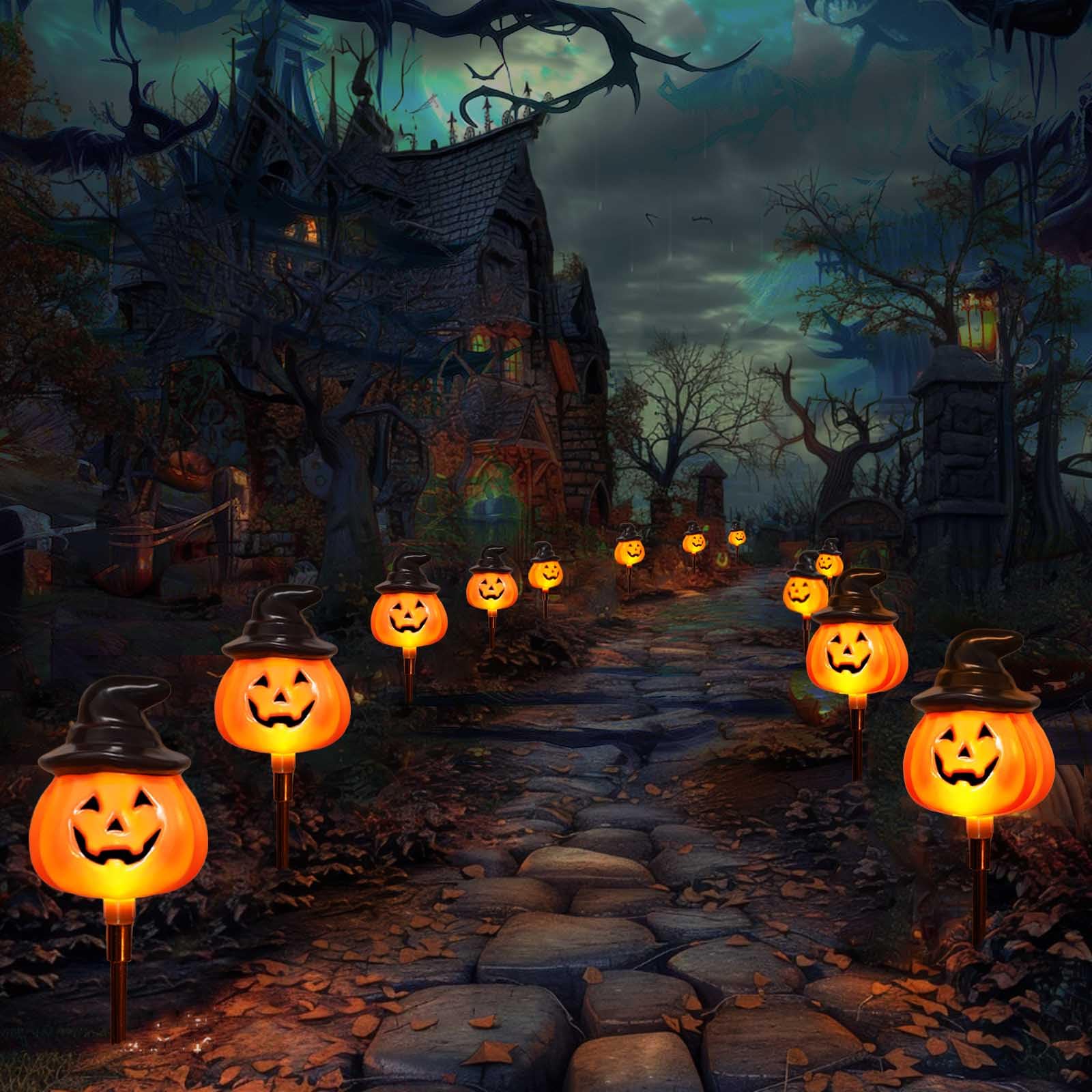Solar Pumpkin Pathway Lights with Witch Hat – Outdoor Halloween Decorations with 8 Modes & Warm White LEDs (Orange, 2-Pack)