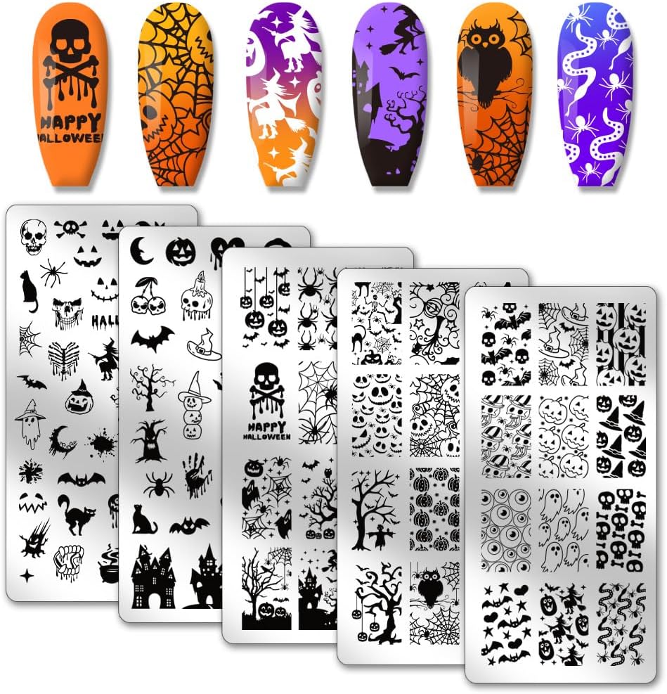 Halloween Nail Stamping Plates Set – 5Pcs Stainless Steel Templates with Ghost, Pumpkin, Skull & Spider Web Designs