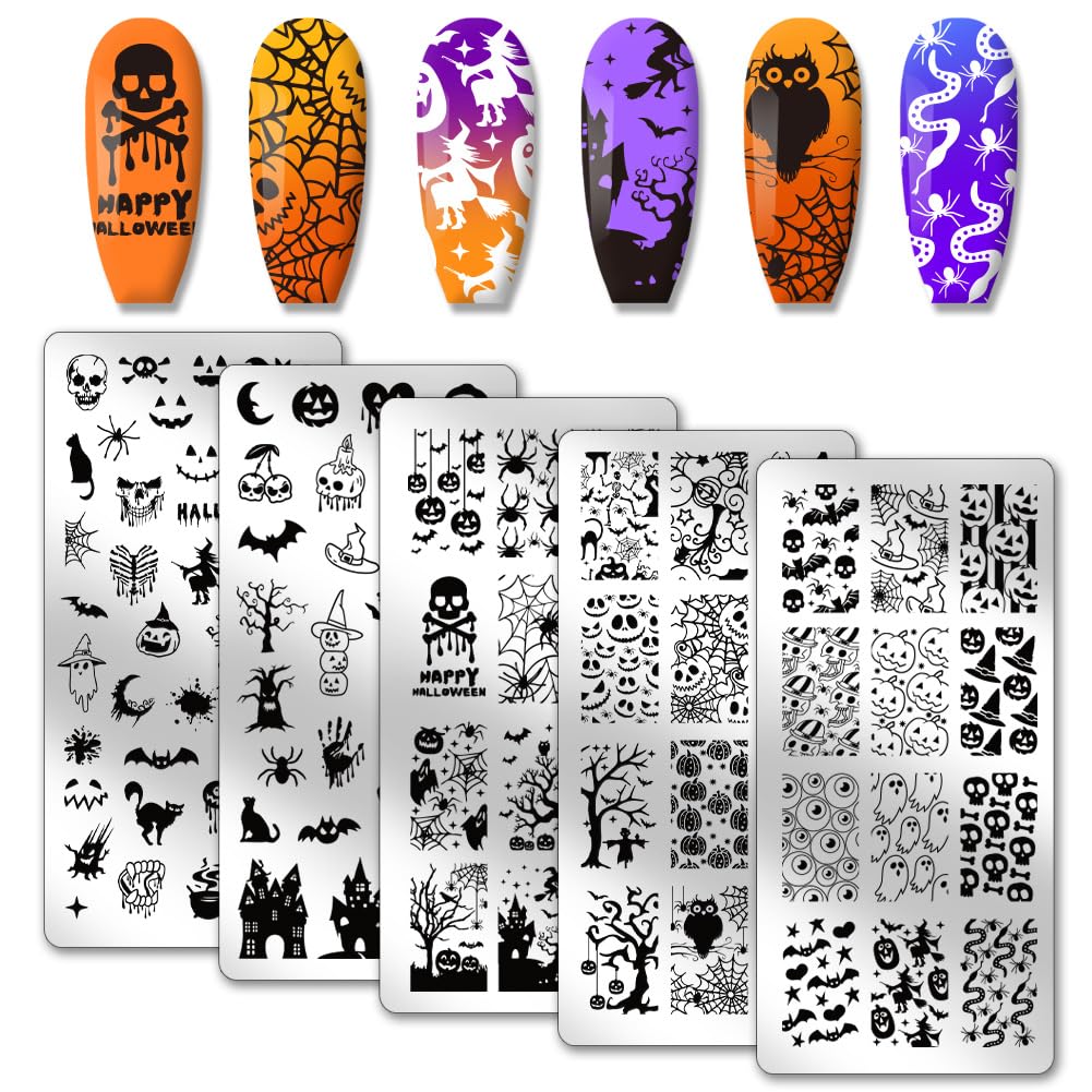Halloween Nail Stamping Plates Set – 5Pcs Stainless Steel Templates with Ghost, Pumpkin, Skull & Spider Web Designs