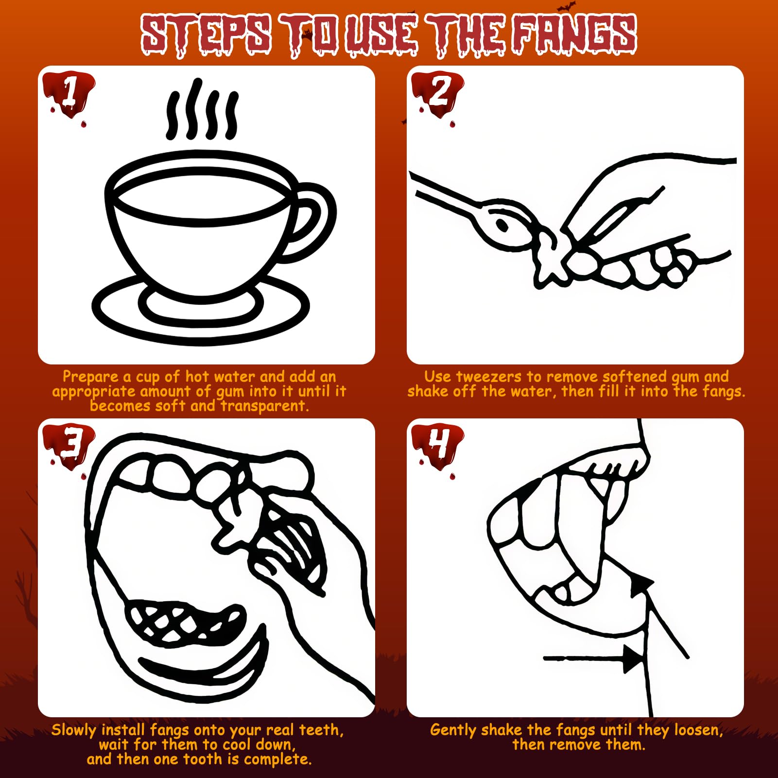 White Vampire Fangs & Scar Stickers Set – 9 Pairs Resin Teeth with Adhesive & 3 Sizes (15mm, 17mm, 19mm)