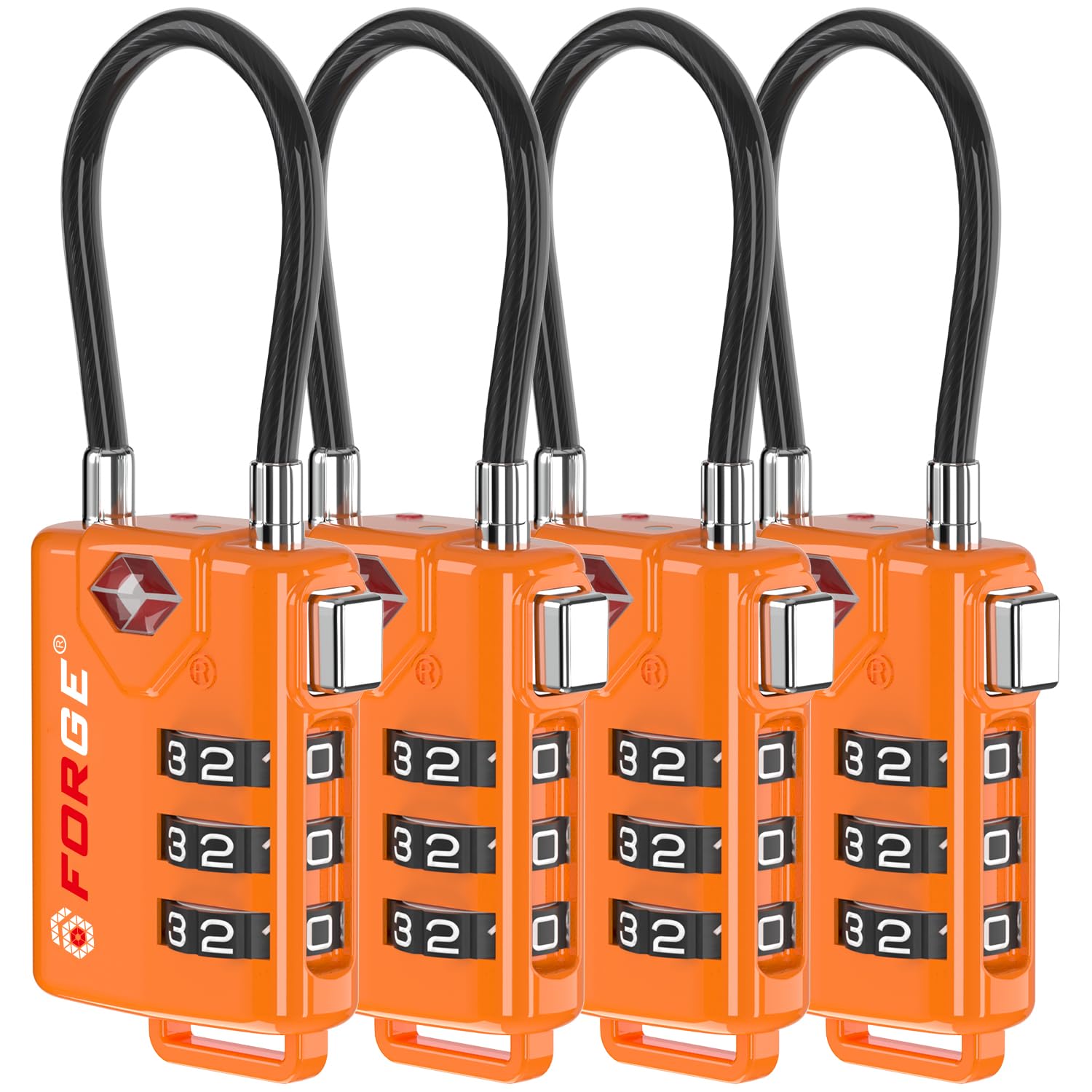 TSA-Approved Cable Luggage Locks (4-Pack) – Resettable 3-Digit Combination, Heavy-Duty Alloy Body (Orange)