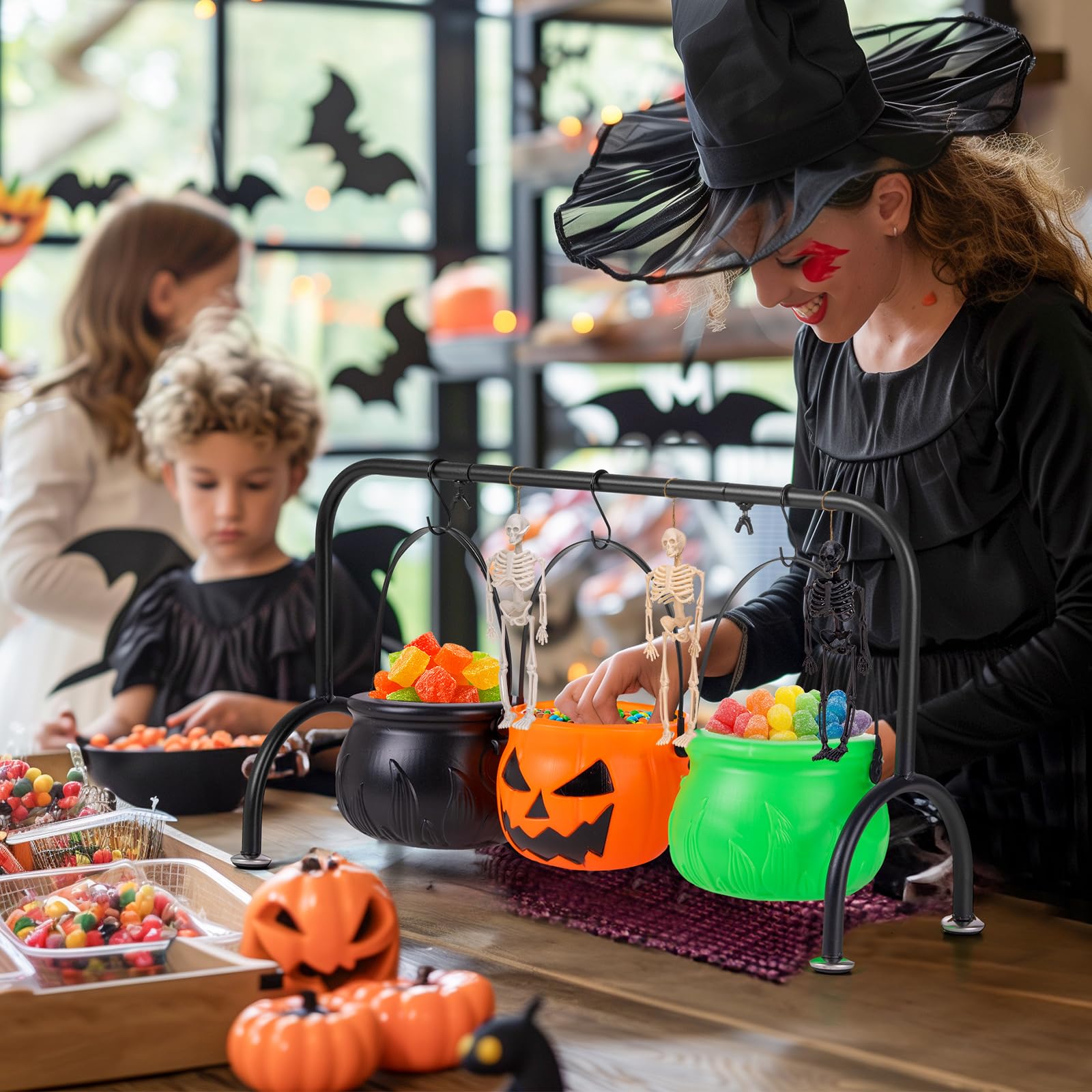 3-Tier Halloween Witch Cauldron Candy Server – Black Iron Stand with 3 Plastic Cauldron Bowls
