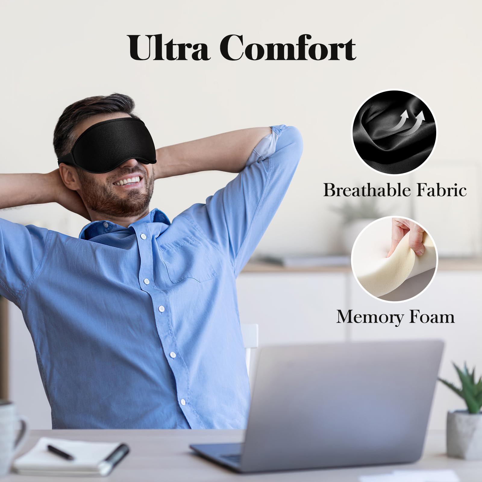 3D Contoured Sleep Mask with Memory Foam – 100% Light Blocking Comfortable Eye Mask for Travel, Meditation & Deep Sleep