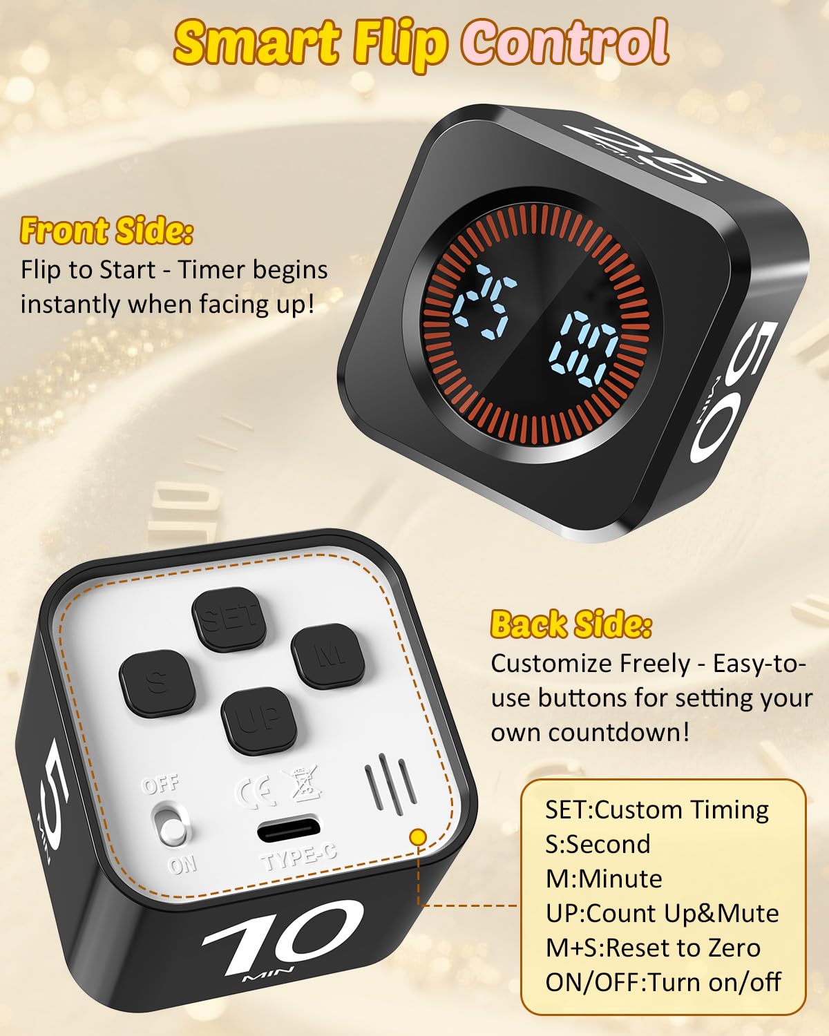 COWVTUJ Black Flip Cube Pomodoro Timer with Visual Time Bars, Silent Focus Mode & USB-C Rechargeable Power