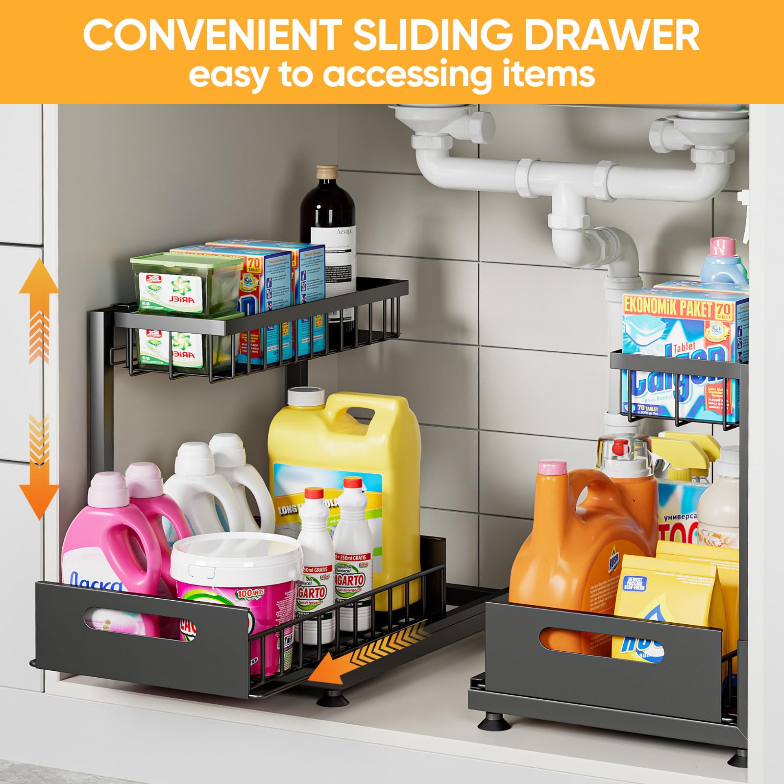Under Sink Organizer (2-Tier) – L-Shaped Metal Pull-Out Cabinet Storage with Sliding Drawer