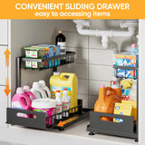 L-Shaped Under Sink Organizer – 2-Tier Heavy-Duty Metal Pull-Out Storage with Adjustable Height (Black, 2-Pack)