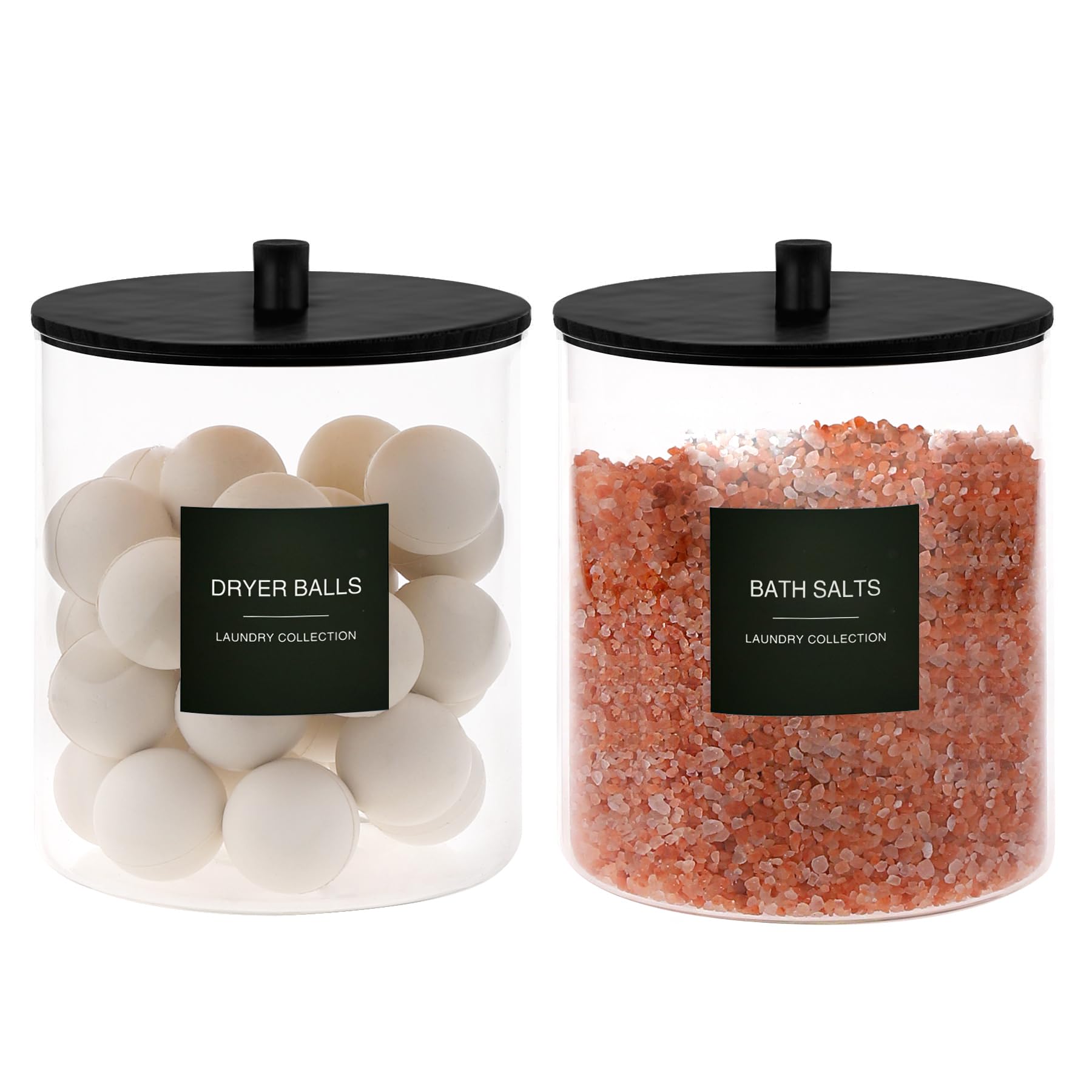 Laundry Storage Jar Set (3-Pack) – Glass Detergent Jars & Acrylic Dryer Sheet Holder with Bamboo Lids and Labels (Black)