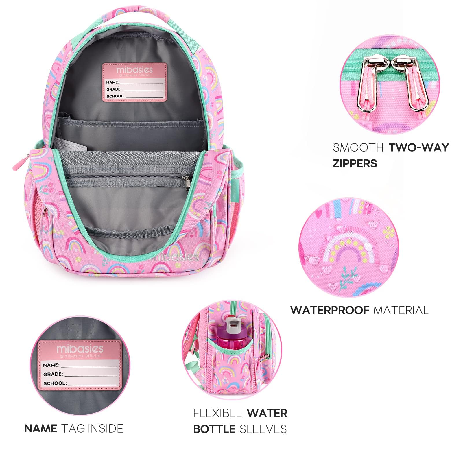 MIBASIES Girls Backpack for Kids 5–8 – Lightweight Elementary School Bookbag with Insulated Pocket (Rainbow Pink)