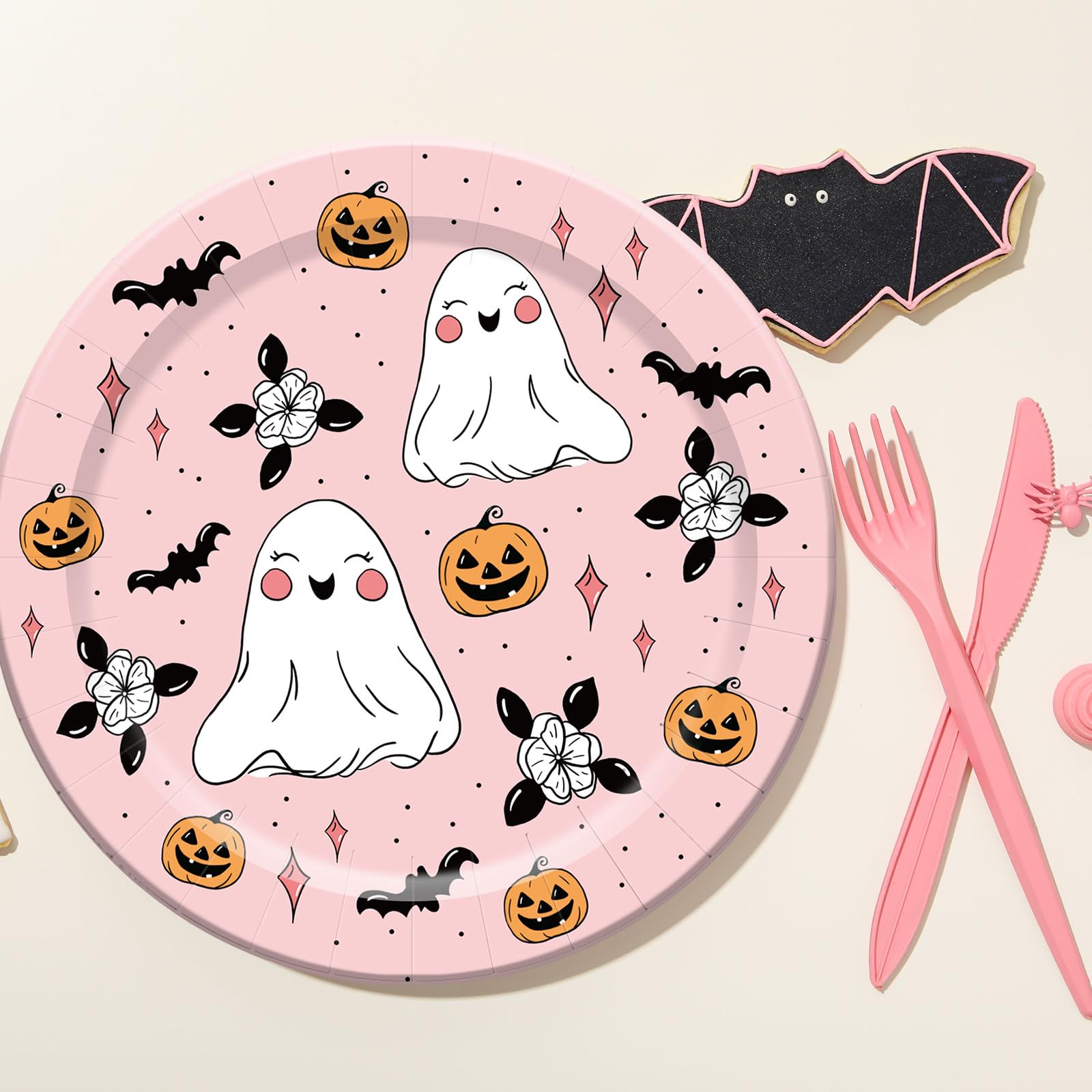 Pink Halloween Paper Plates – 40 Pcs 9" Disposable Plates with Ghost, Bat & Pumpkin Designs for Parties & Everyday Use