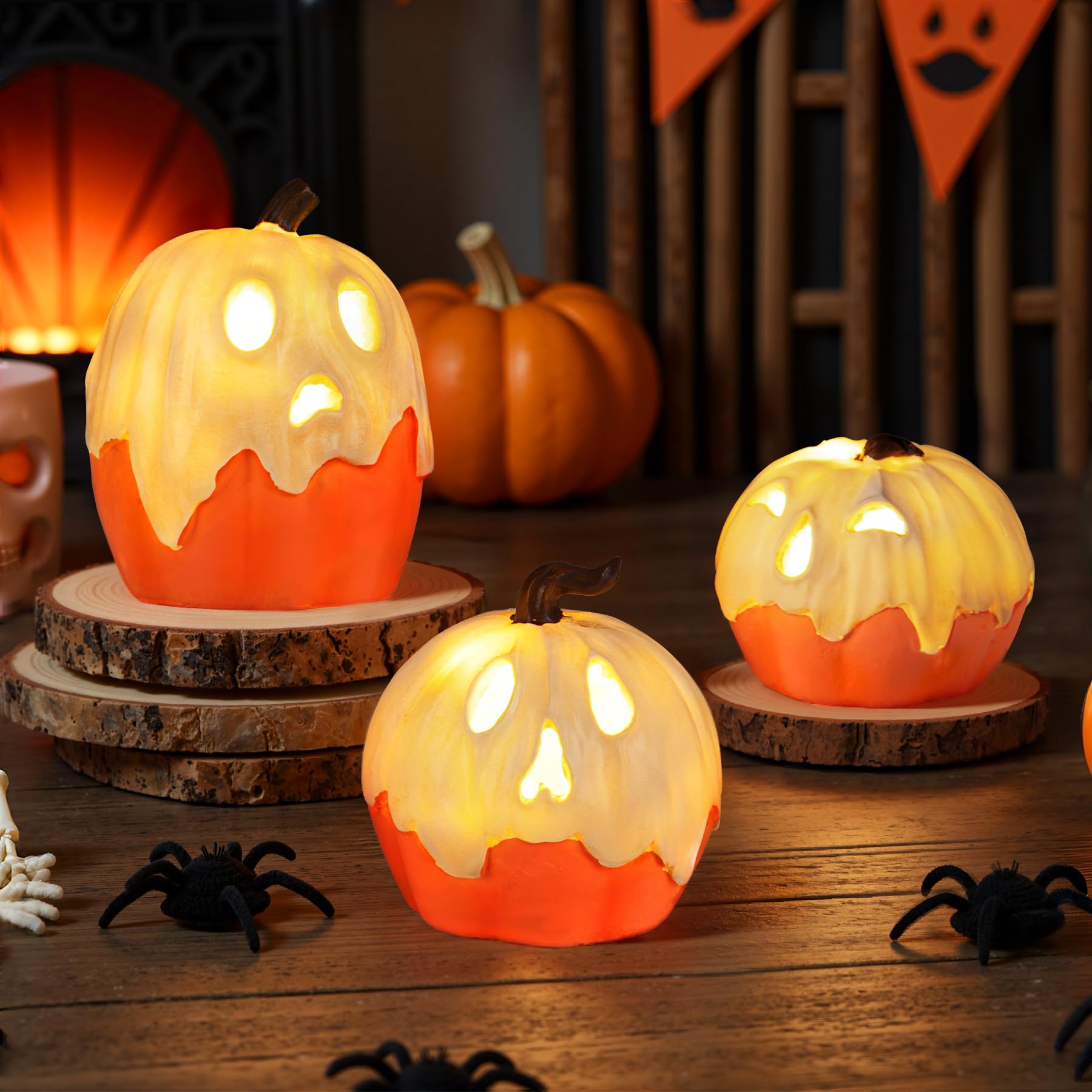 Light-Up Ghost Pumpkin Decorations – Handmade LED Halloween Table Ornaments (Set of 3) 🎃👻