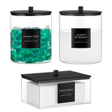 Laundry Storage Jar Set (3-Pack) – Glass Detergent Jars & Acrylic Dryer Sheet Holder with Bamboo Lids and Labels (Black)