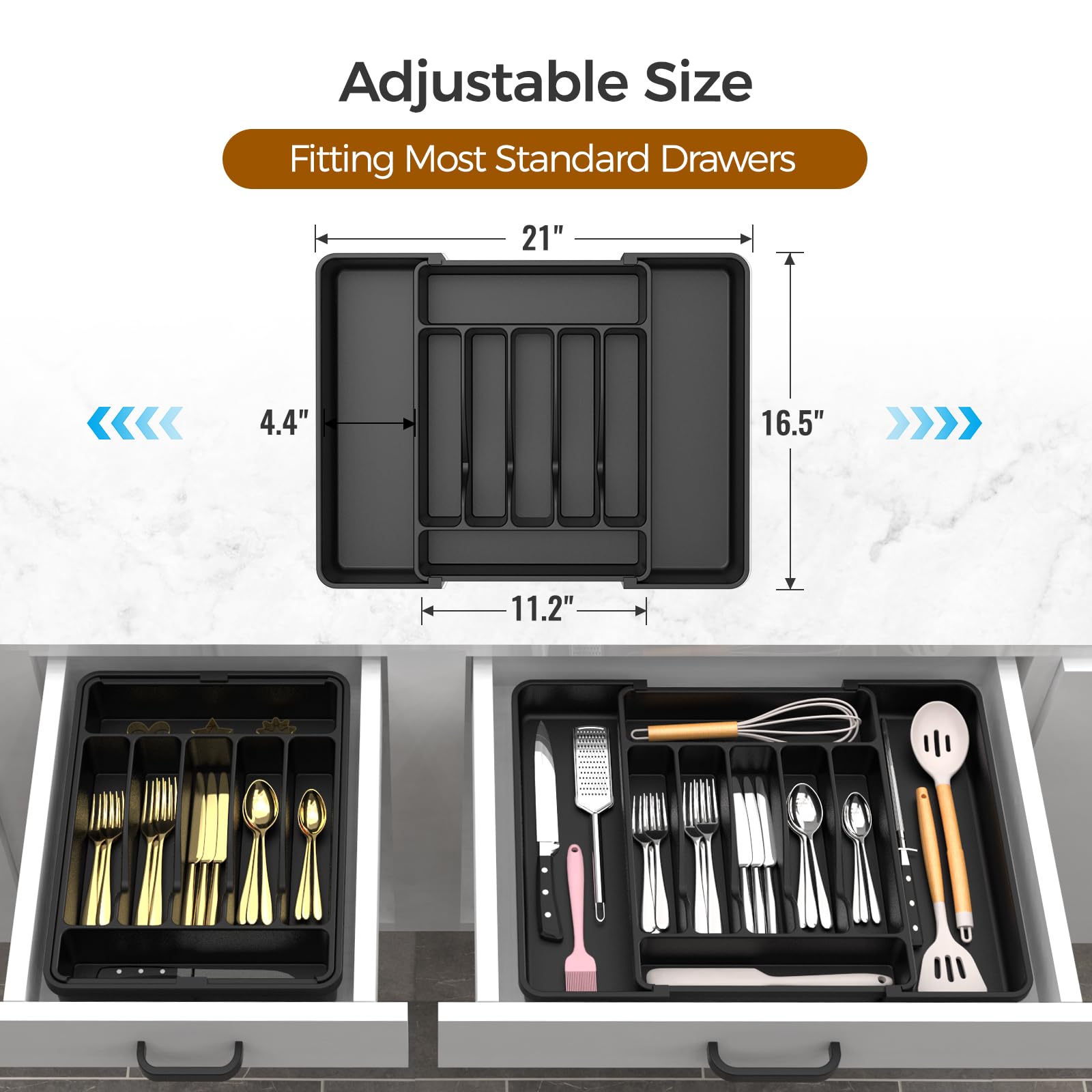 Expandable Silverware Drawer Organizer – Adjustable Cutlery Tray with Deep Compartments (Black)