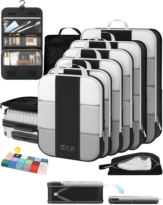 10 Piece Compression Packing Cubes Set – Travel Luggage Organizers with Hanging Toiletry Bag & Laundry Bag