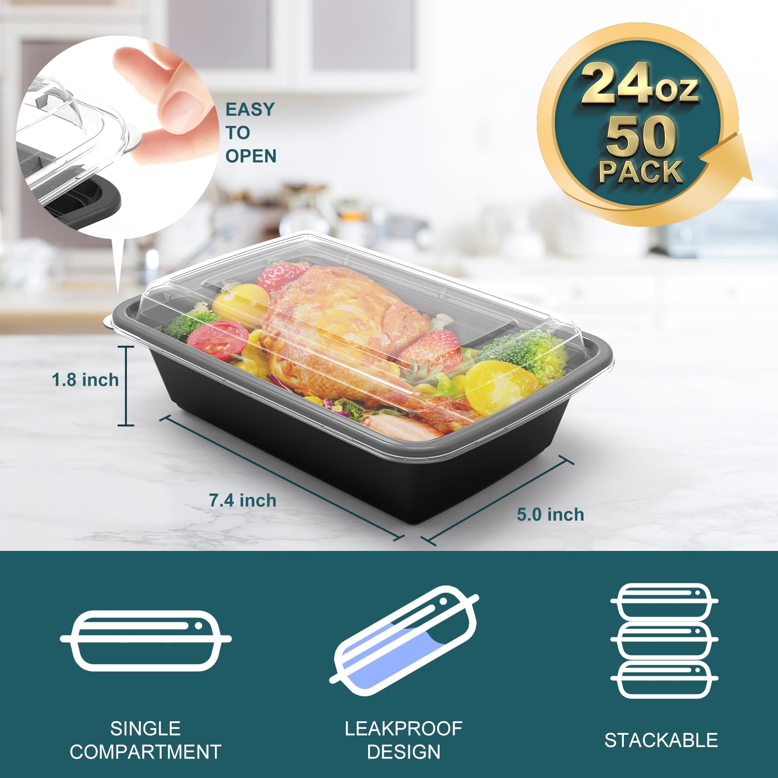 50-Pack Meal Prep Containers with Airtight Lids – 24oz Reusable Food Storage Boxes for Weekly Meal Planning