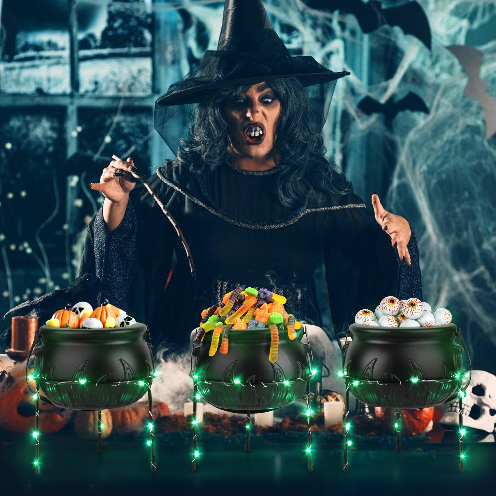 3-Pack Black Witch Cauldron Serving Bowls with Green LED Lights – Halloween Candy & Snack Display Set