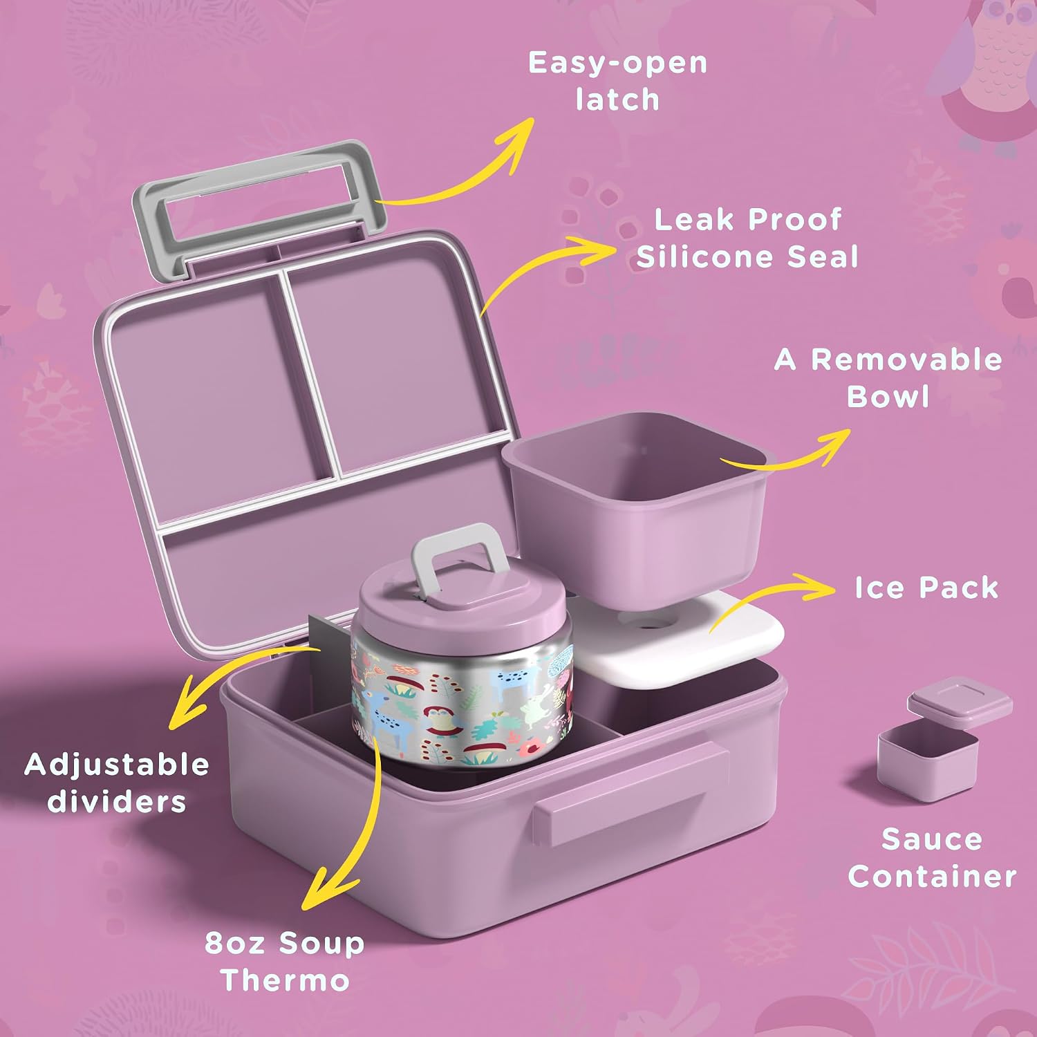 Purple Fawn 5-Compartment Bento Set with 8 oz Food Jar
