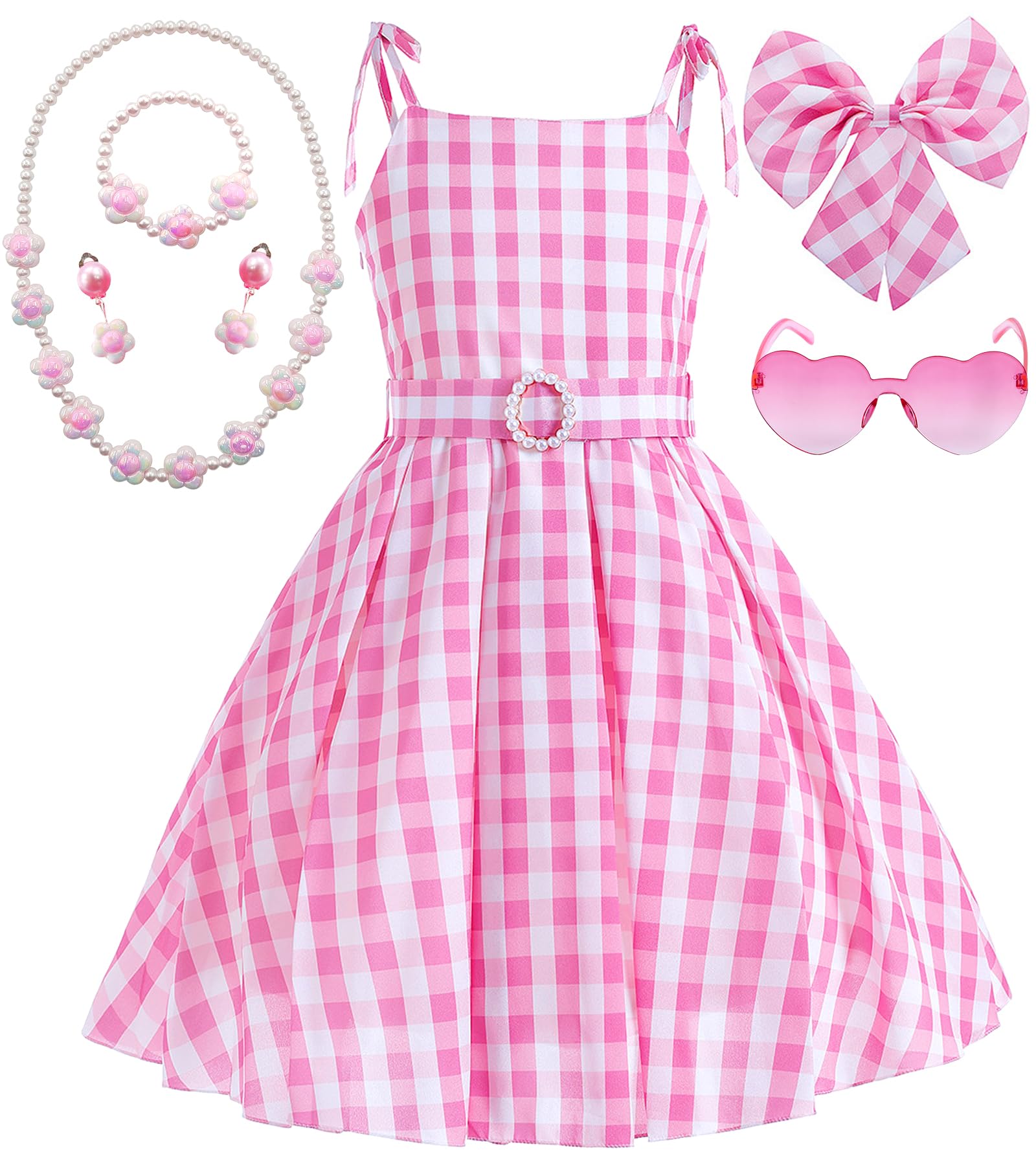 Golray 7pcs Girls Plaid Costume Dress Sweet Slip Dress with Accessories Movie Outfit Birthday Halloween Costume Girl Dress up Clothes for Play
