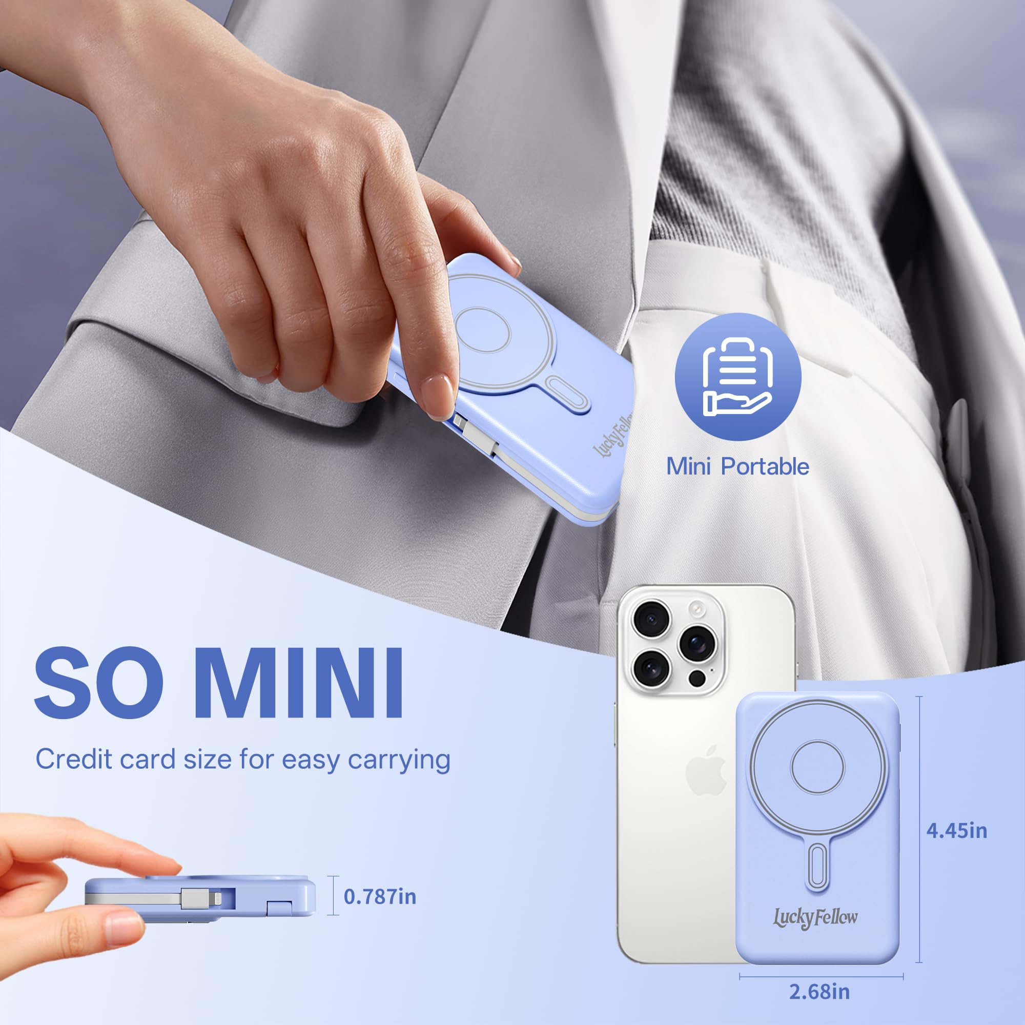 Magnetic 10,000mAh Power Bank – All-in-One Wireless Charging Station with Built-In Cables & Stand (Blue)