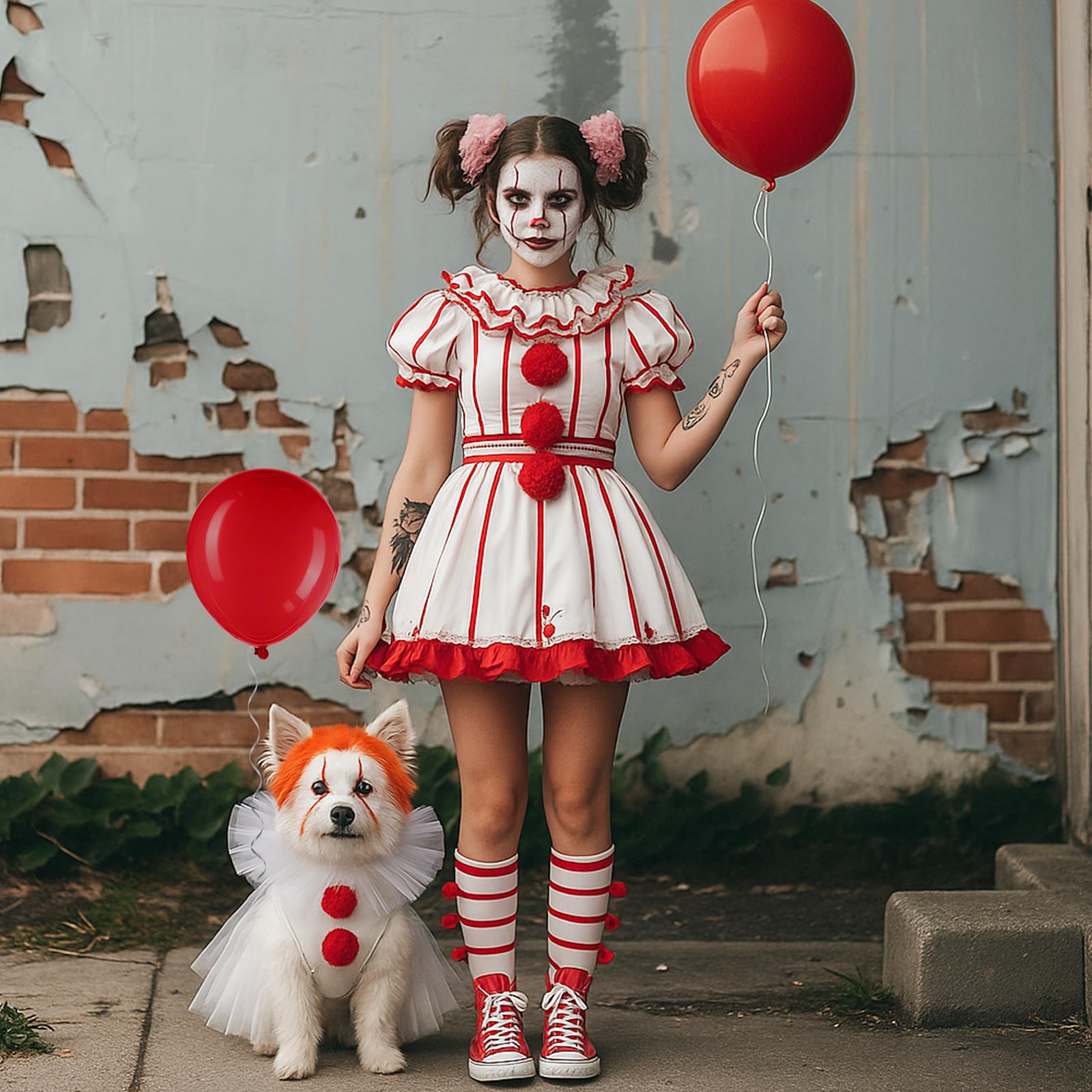 Dog Clown Halloween Costume – Red & White Pet Outfit with Neck Ruff, Skirt, Pompons, Balloons & Adjustable Straps