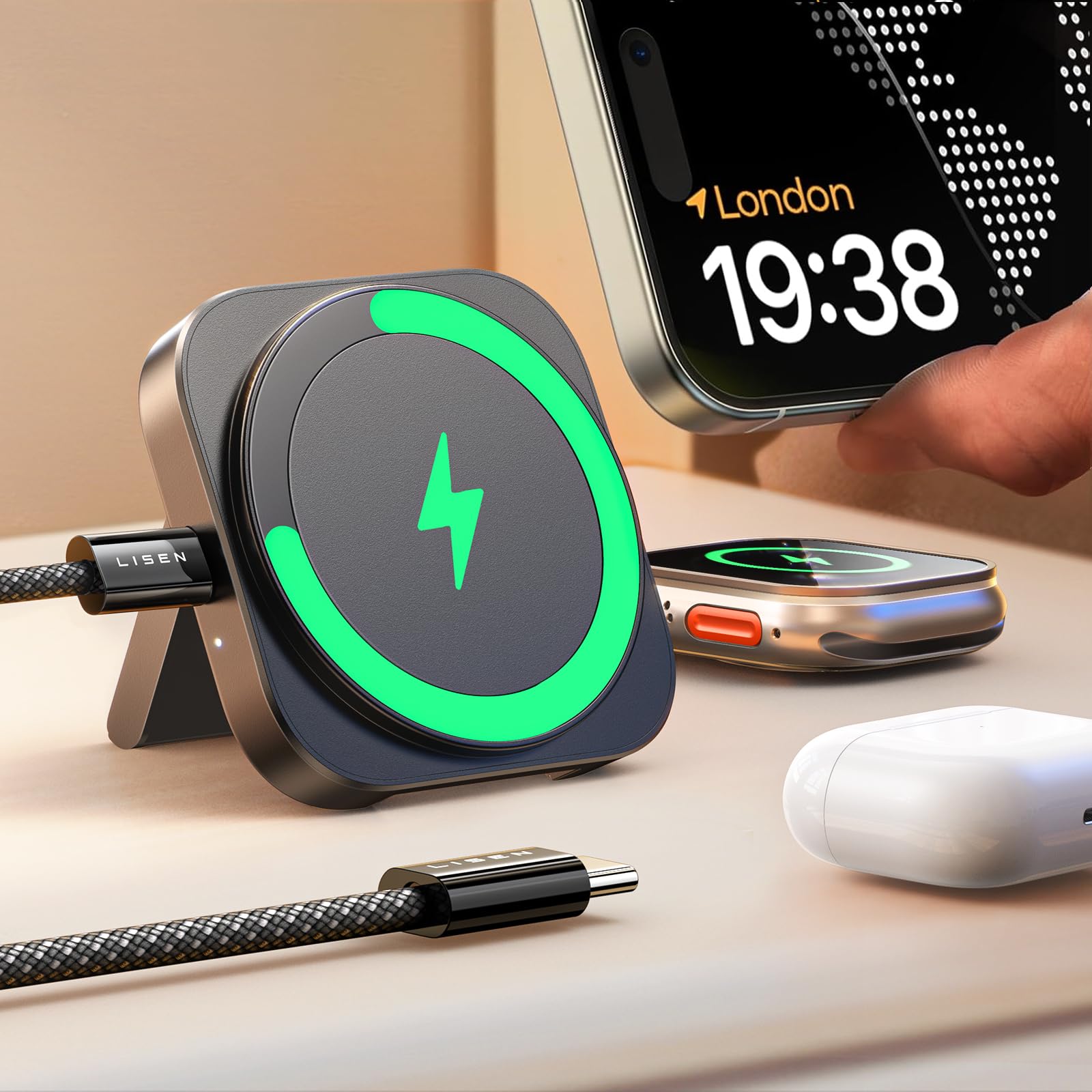 LISEN MagSafe Charger Stand – Ultra Slim 2-in-1 Magnetic Charging Stand for iPhone, Apple Watch & AirPods