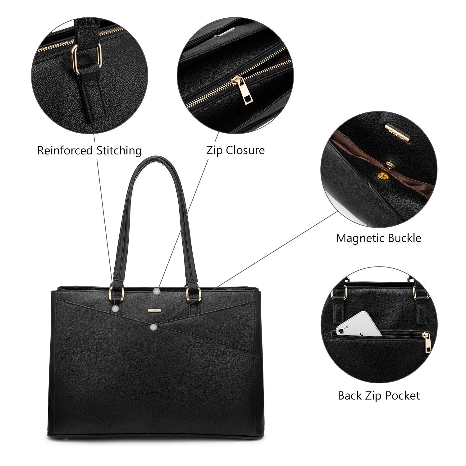 LOVEVOOK Waterproof Leather Laptop Tote Bag for Women – 15.6” Lightweight Business & Office Work Briefcase (Black)
