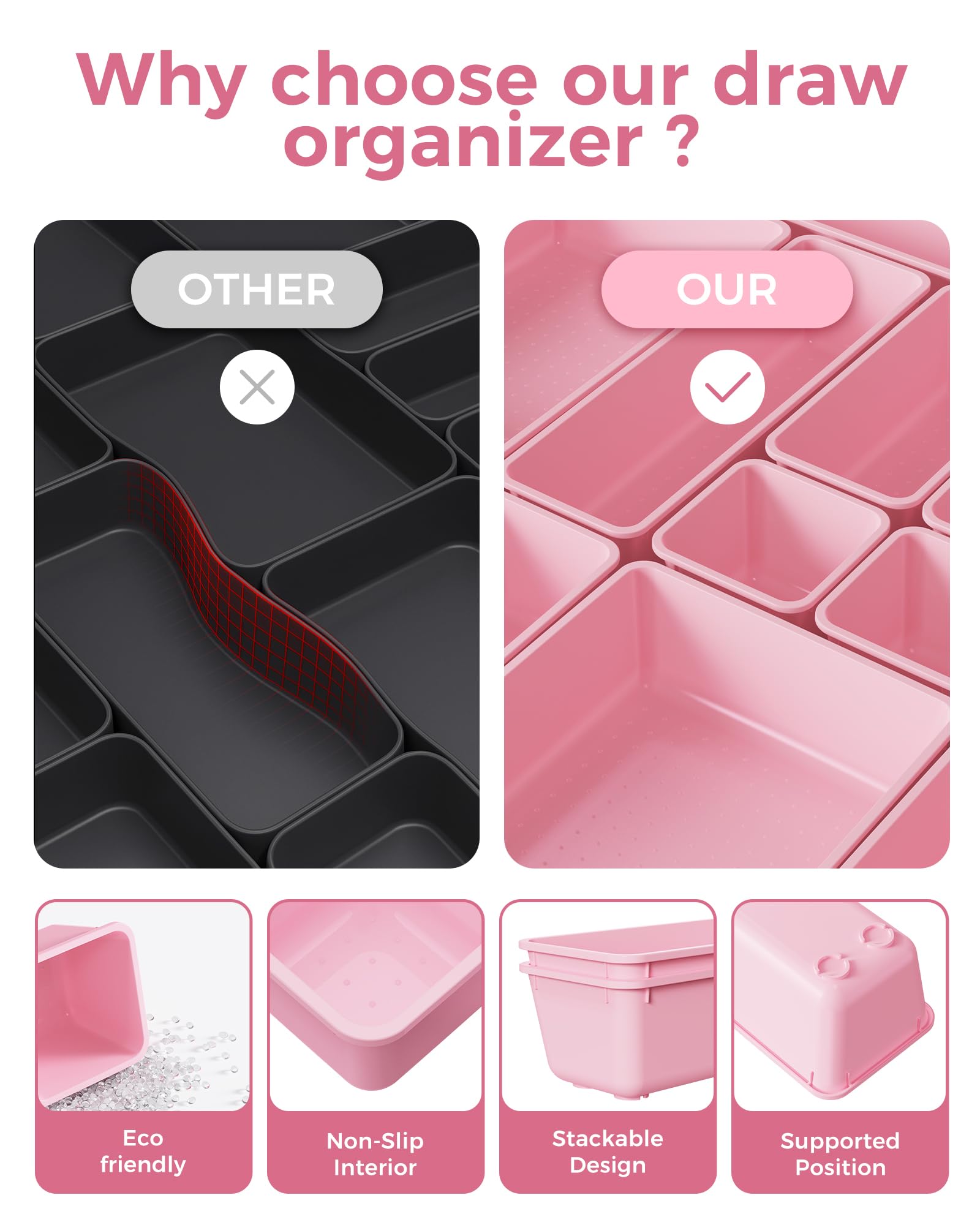 25-Piece Pink Drawer Organizer Set – Stackable Plastic Storage Trays for Makeup, Jewelry, Office & Kitchen Drawers