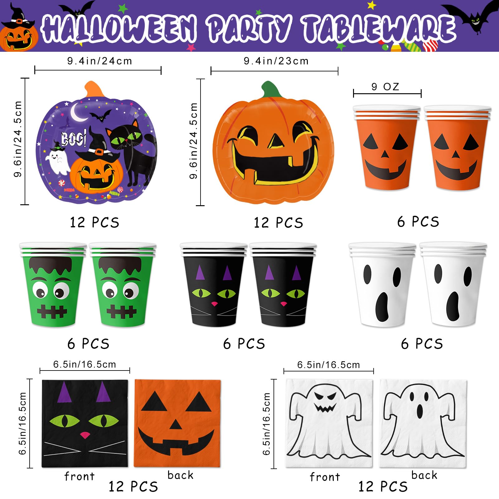 Halloween Party Tableware Set – 72 Pcs Pumpkin Plates, Cups & Napkins with Ghost & Cat Designs, Disposable Party Supplies