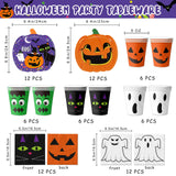 Halloween Party Tableware Set – 72 Pcs Pumpkin Plates, Cups & Napkins with Ghost & Cat Designs, Disposable Party Supplies